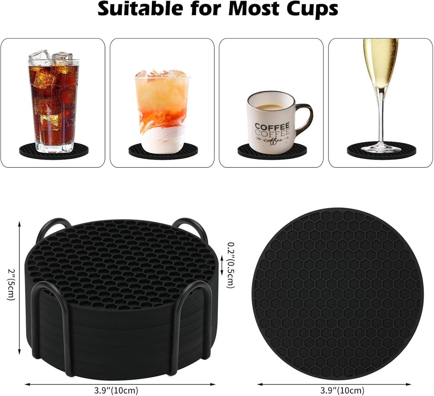 Silicone Coasters Set of 8 with Holder,Coasters for Drinks,Beer,Coffee Coasters,Suitable for Kinds Cups,Hot or Cold,Anti-SLI,Non-Stick,Anti-Overflow Tabletop Protection and Decor (8 Pcs, Black)