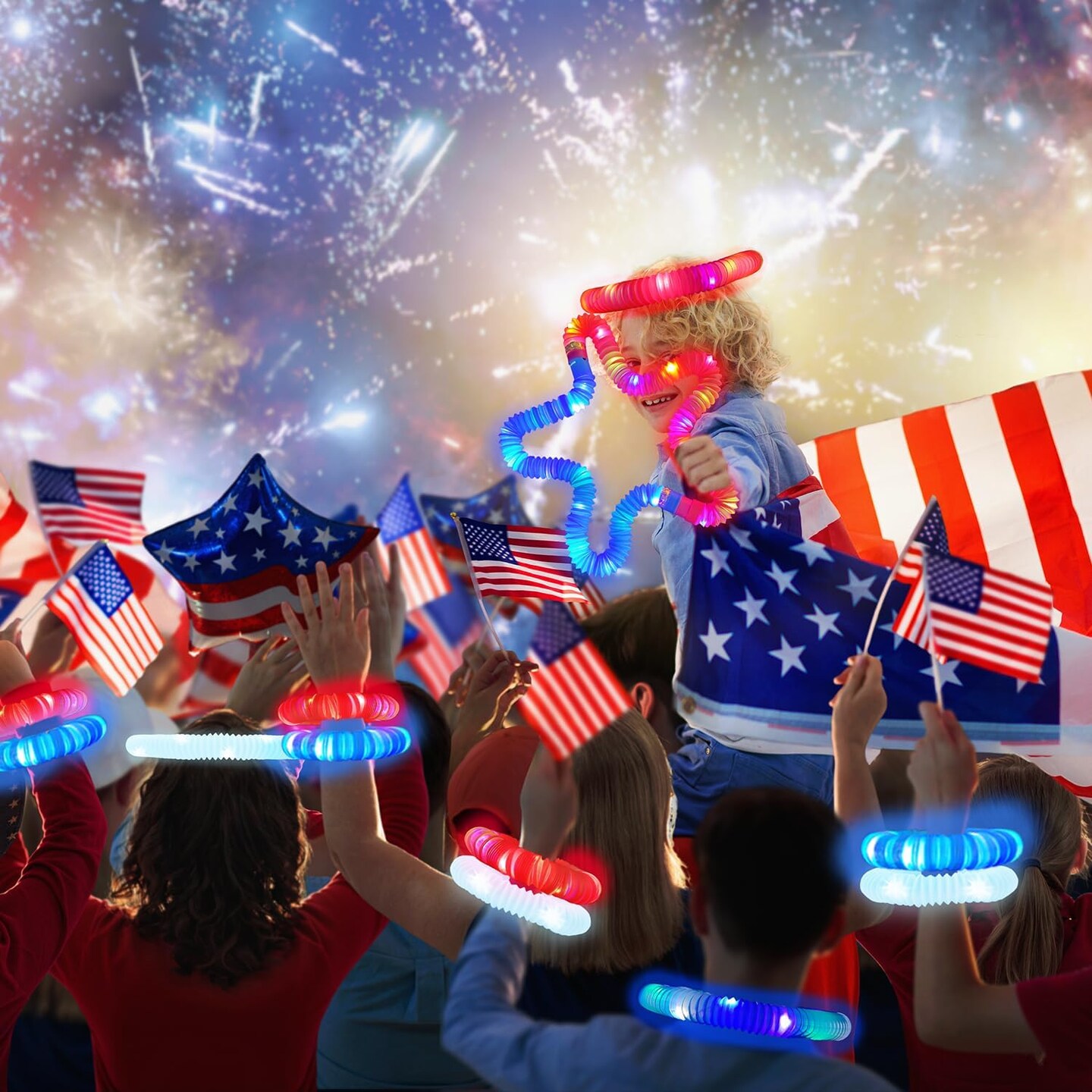 4th of July Red White Blue Glow Sticks Party Favors Supplies 18 PCS, Light up Pop Tubes Accessories Bracelets Necklaces for Kids Toddlers, Memorial Day Patriotic Toys Gifts Items for Fourth of July