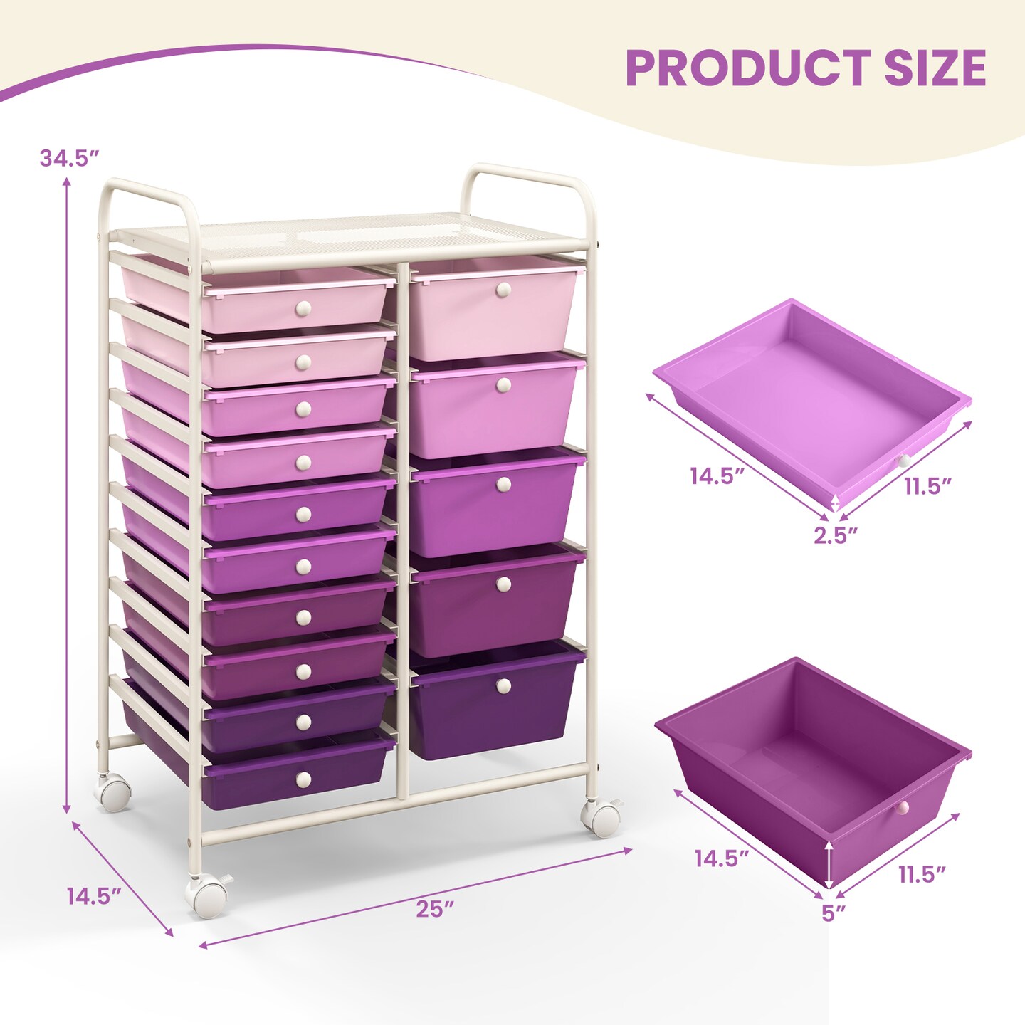 White Steel Frame Rolling Storage Cart with Purple Drawers and 15 Compartments