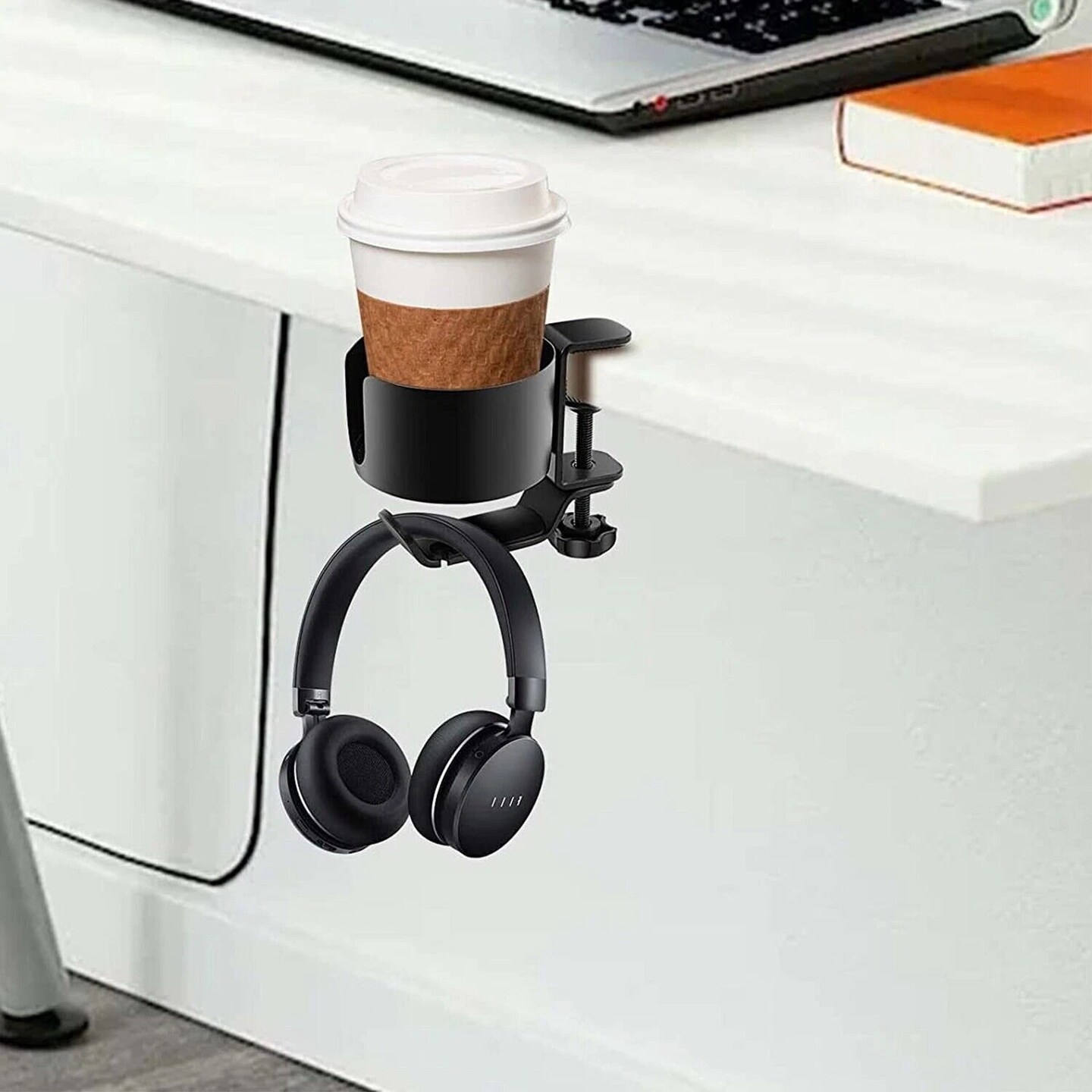 2-In-1 Desk Cup Holder Anti-spill Cup Holder 360&#xB0; Rotating Headphone Hanger Desk