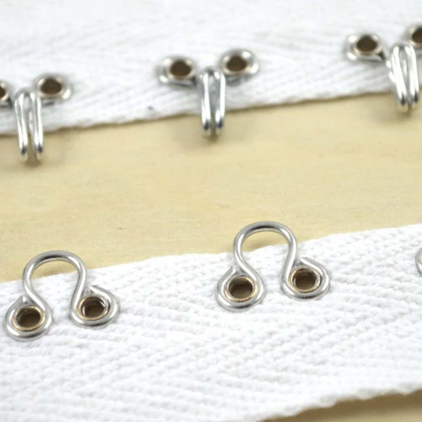 White and Silver 7/8" Heavy Duty Hook & Eye Cotton Tape Black Twill Trim with Silver Metal Closures