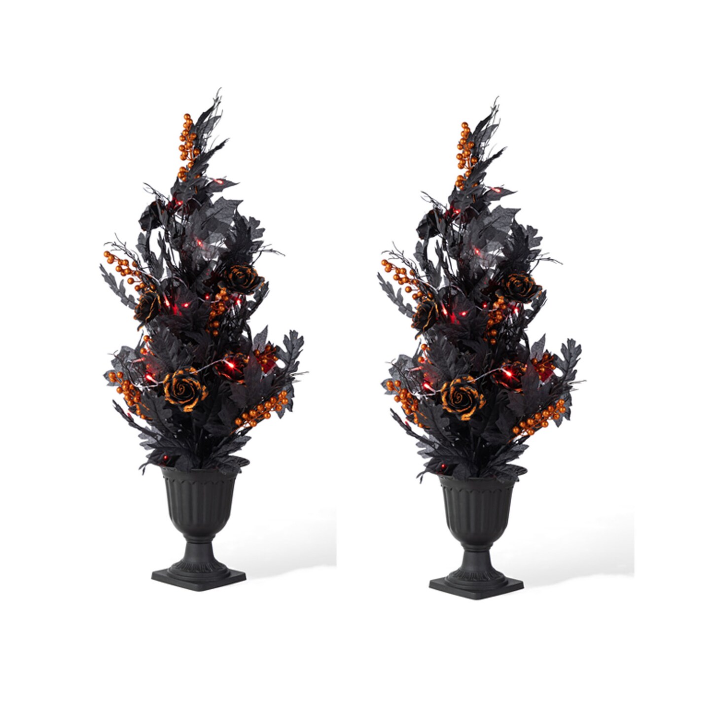 Halloween Lighted Black Rose with Orange Glitter Urn Porch Trees and Wreath/Teardrop Set