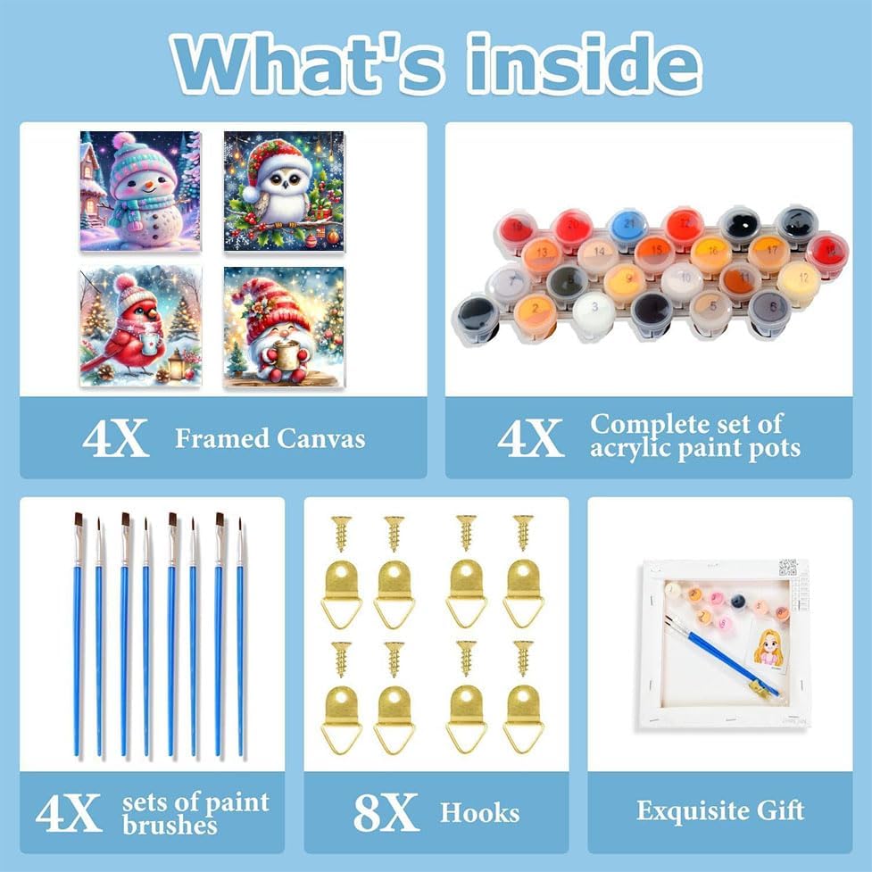 4 Pack Christmas Paint by Numbers for Kids with Frame - Ages 4-8, Paint by Numbers for Home Wall Decor (8x8 inch)