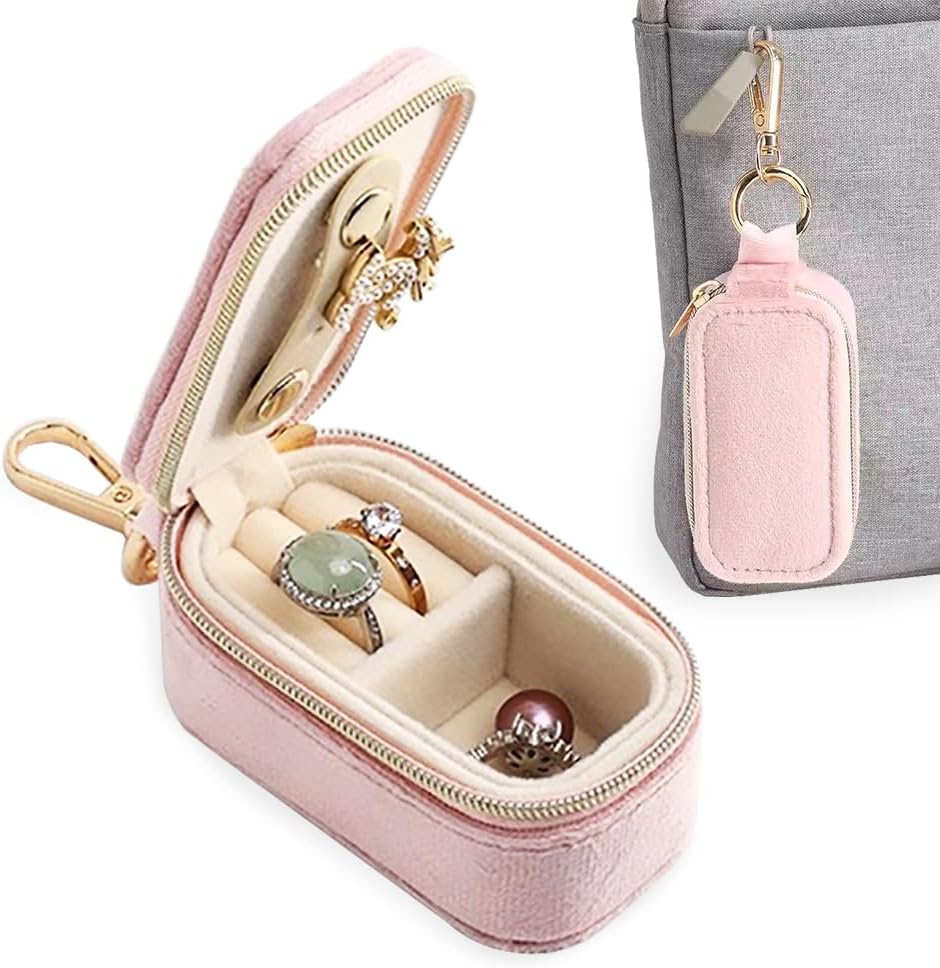 Velvet Mini Travel Jewelry Case - 2-in-1 Ring Holder Keychain Organizer, Portable Clutch for Earrings/Necklace, Wedding Party & Vacation Daily Storage Bag Gift for Women (Pink)