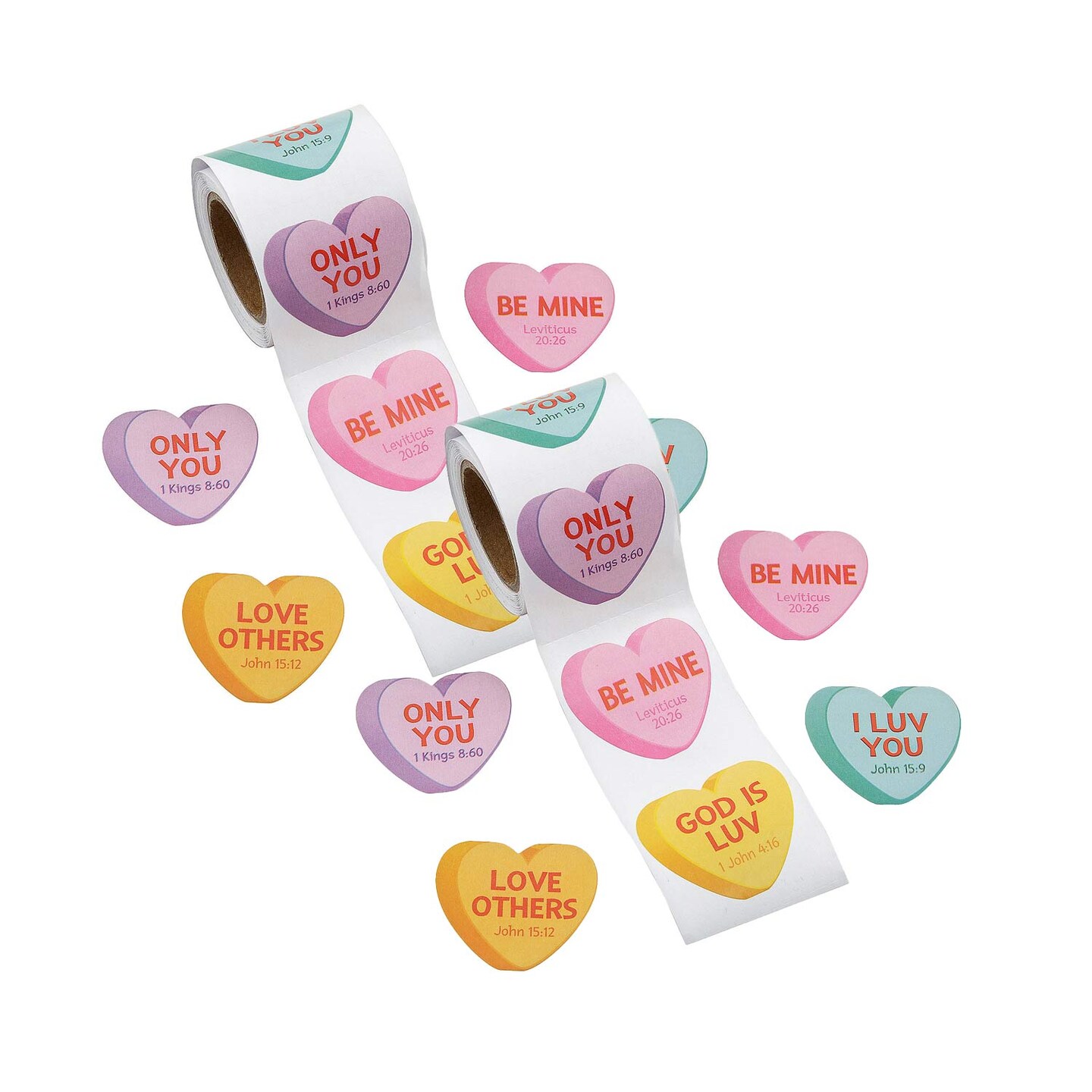 Religious Conversation Hearts Sticker Roll 100 Pieces 1 1/4x1 1/2 Inch