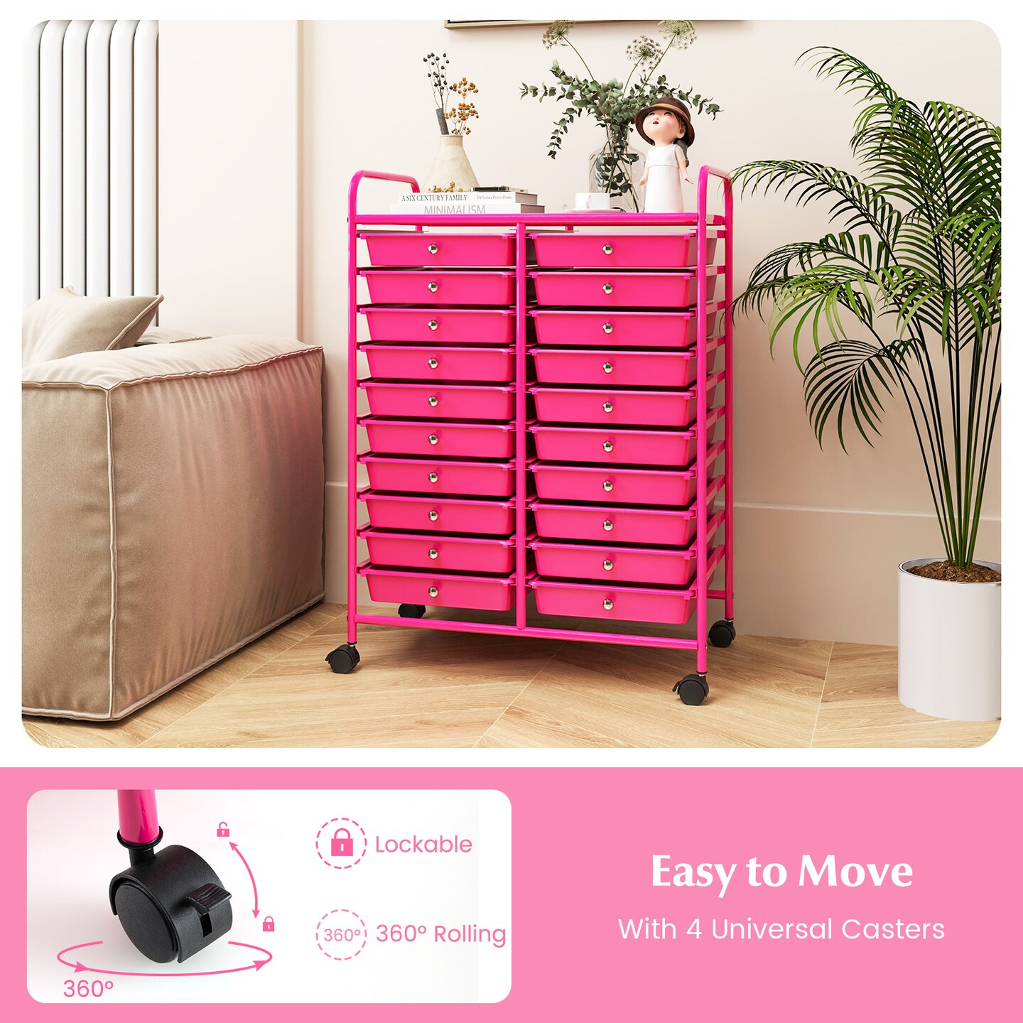 Space Saving Storage Organizer Cart with 20 Plastic Drawers and Mobile Wheels for Organizing Small Items at Home