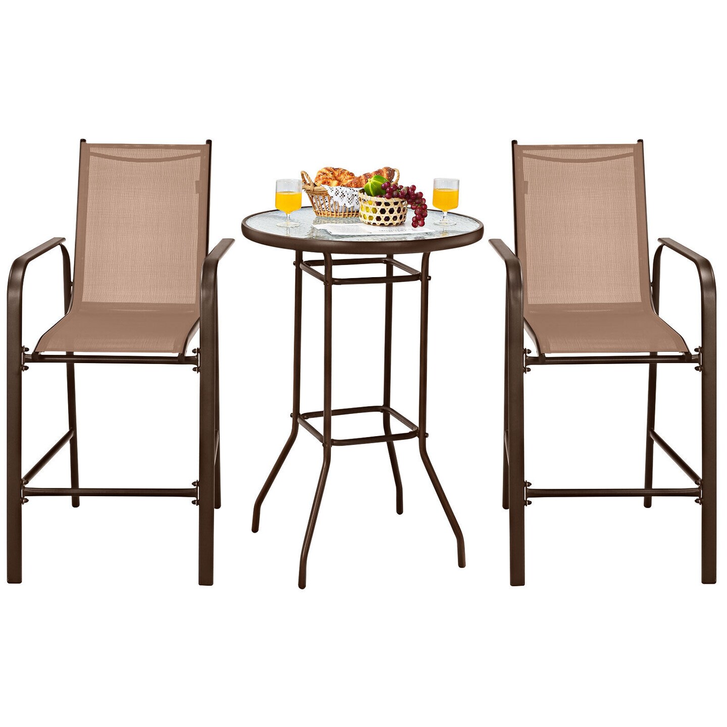 3-Piece Outdoor Patio Bar Set with 2 Stools & Tempered Glass Table, Brown Steel Frame & Breathable Fabric