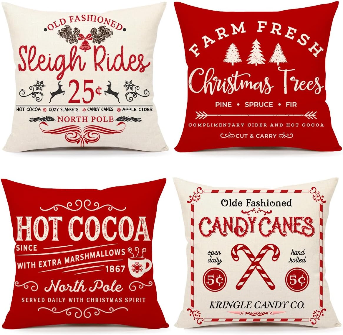 Christmas Pillow Covers 18x18 Inch Set of 4 – Winter Holiday Rustic Throw Cushion Covers for Sofa, Couch & Home Decor (Sleigh Rides, Farm Fresh Tree, Cocoa, Candy Canes)