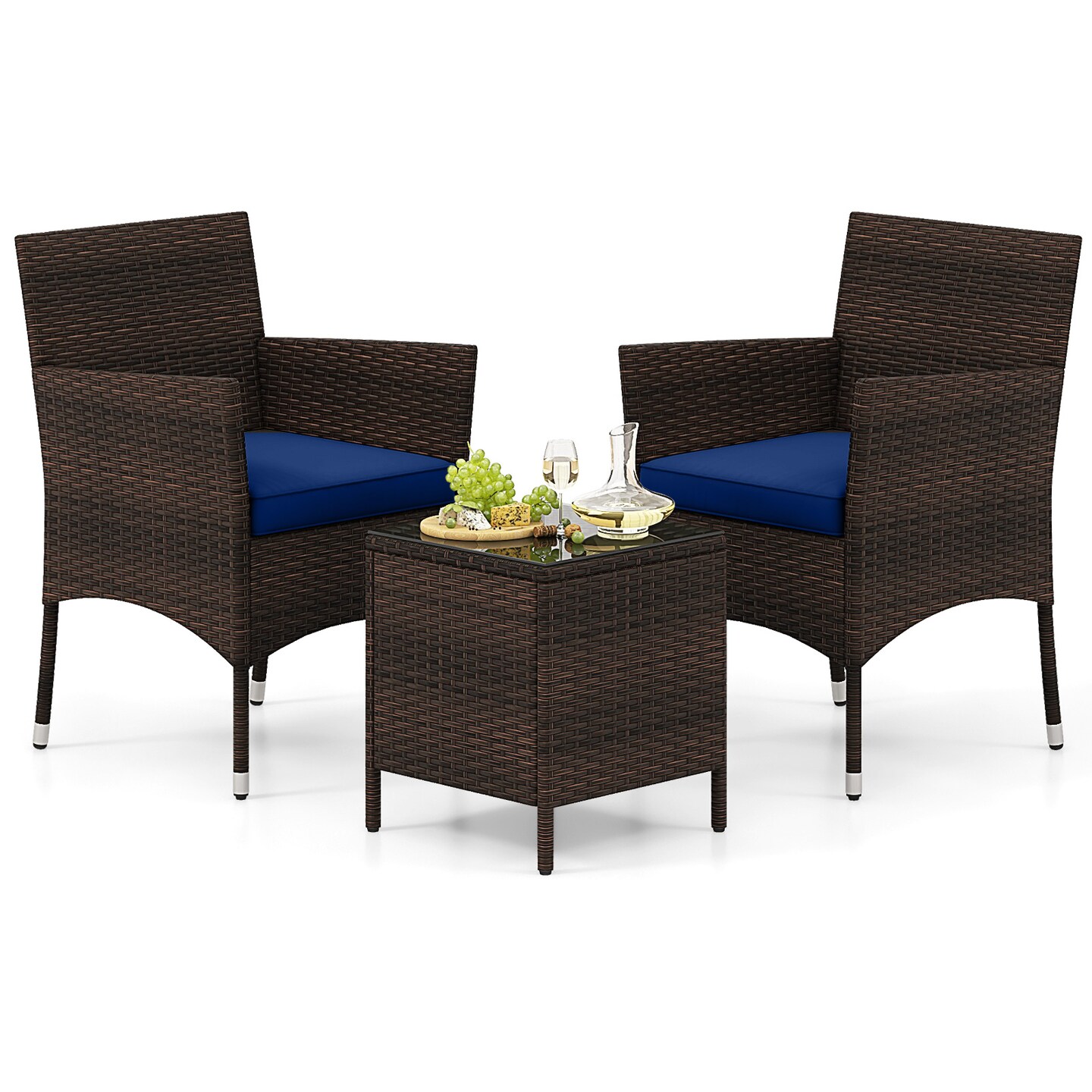 Rattan 3 Piece Outdoor Conversation Set with Cushioned Seats and Glass Table