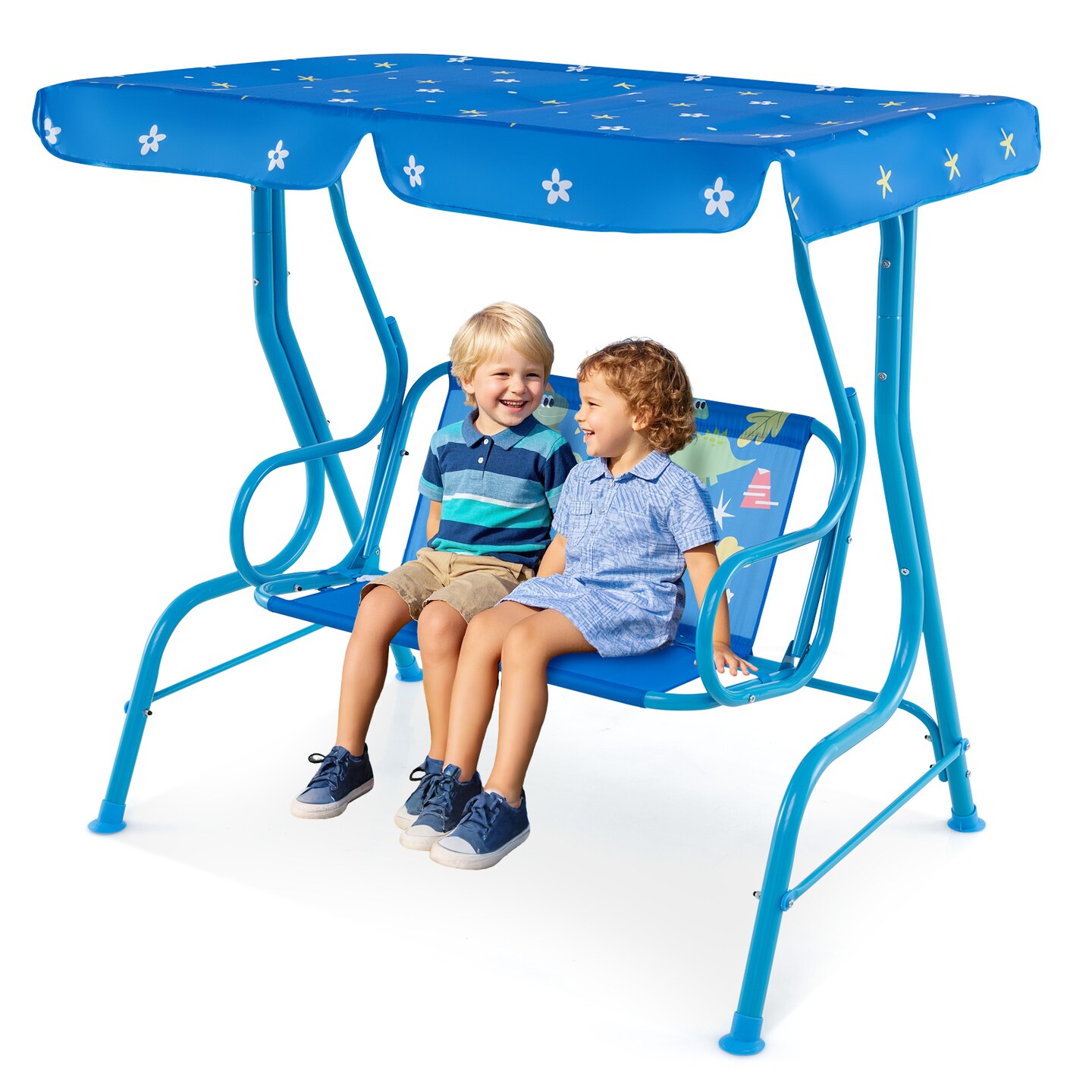 2 Seater Kids Patio Swing with Adjustable Canopy, Metal Frame and Safety Belts
