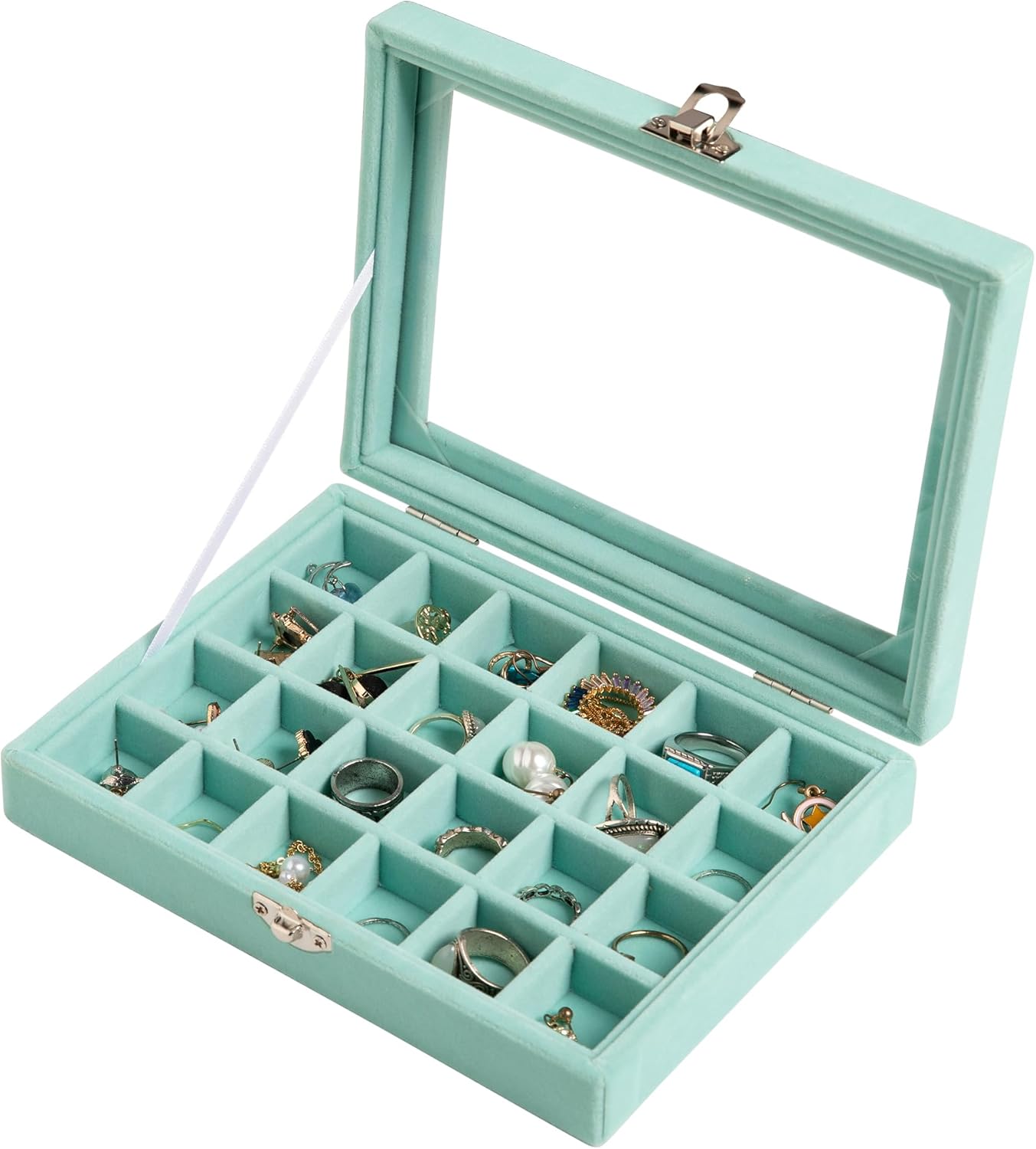 24 Grid Jewelry Tray,Velvet Stud Earring Organizer,Small Jewelry Organizer with Clear Lid,Lockable Earring Holder Organizer Jewelry Storage Boxes & Organizer Ring Holder for Women & Girls(Turquoise)