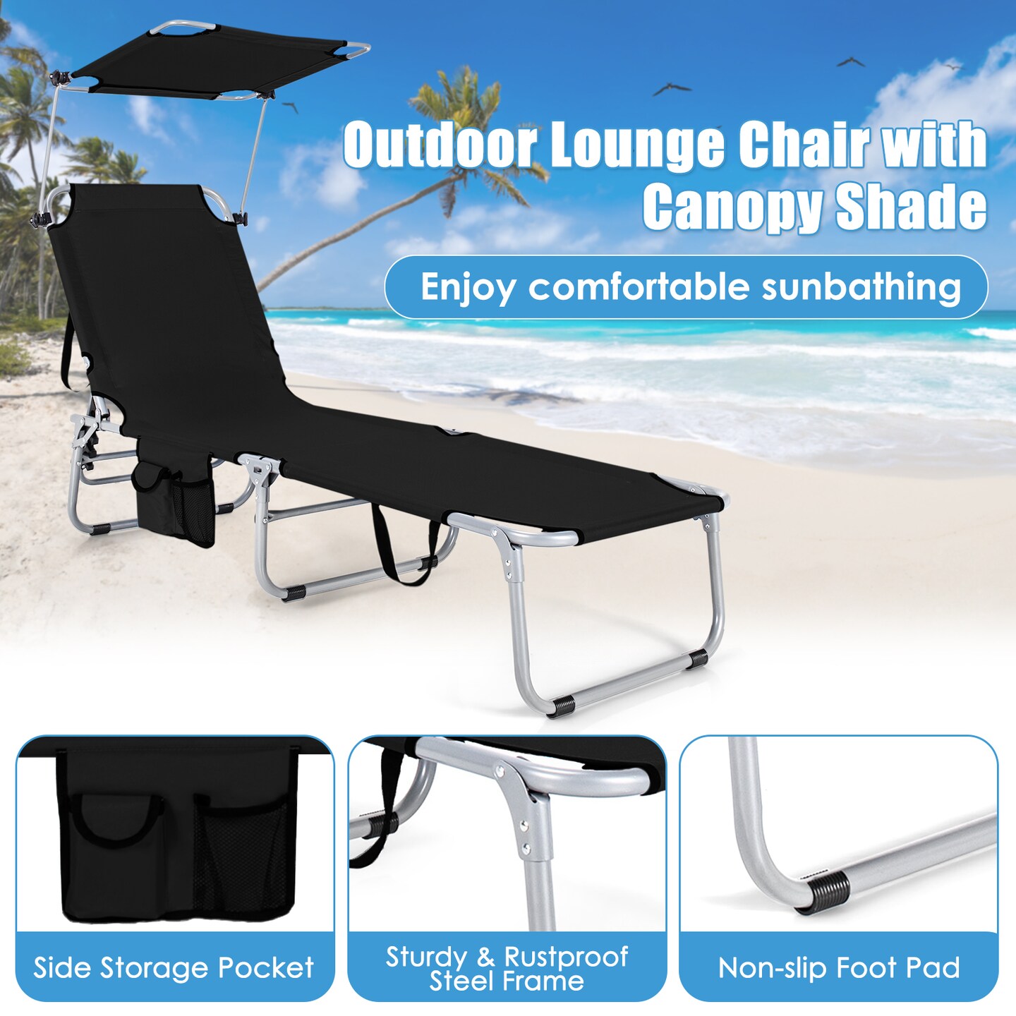 Set of 2 Portable Reclining Chair Set with Canopy and Storage Pocket