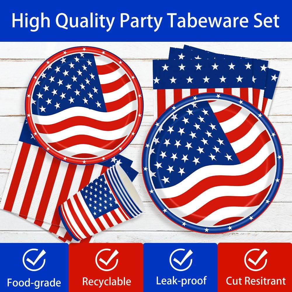 140Pcs 4th of July Party Supplies Tableware Set Independence Day Plates and Napkins for American Memorial Day Decorations Stars and Stripes Patriotic Decorations Paper Plates, Serves 20