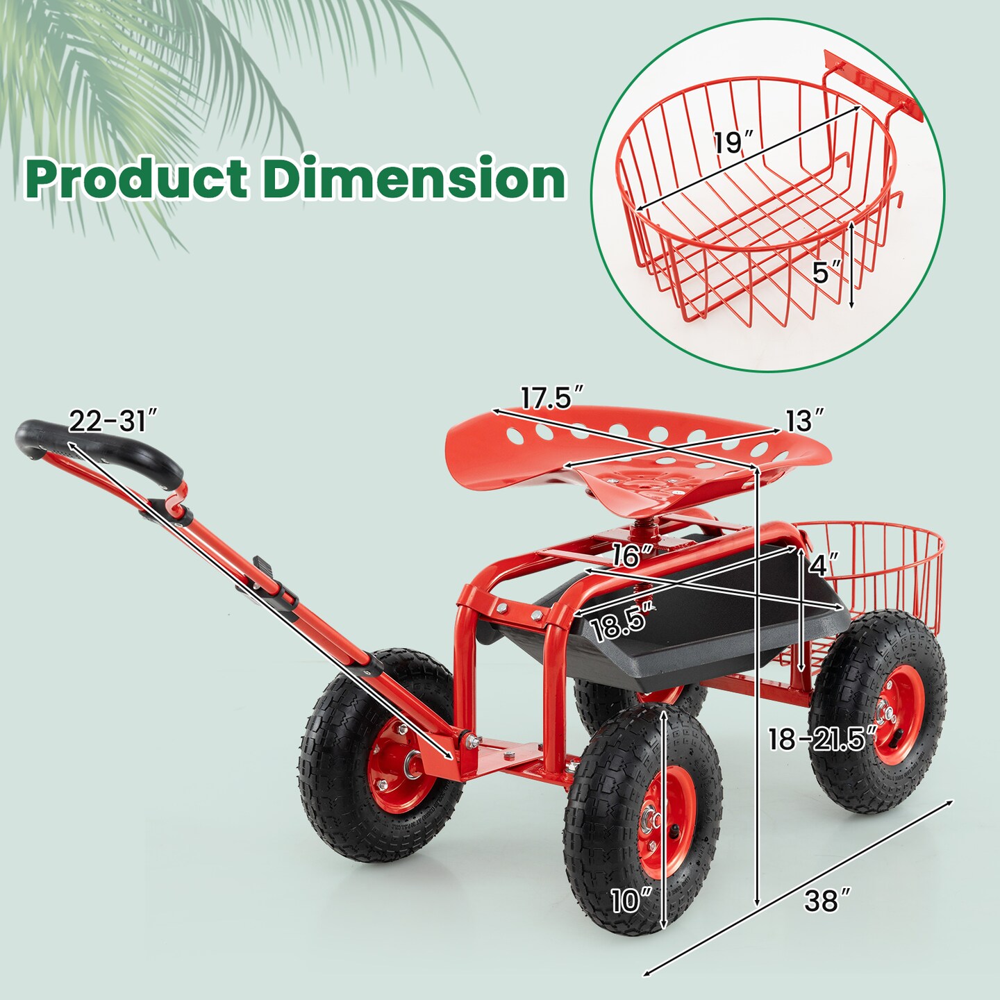 Multi-functional Garden Scooter Adjustable Swivel Seat Cart with Storage Basket and 10" Rubber Wheels