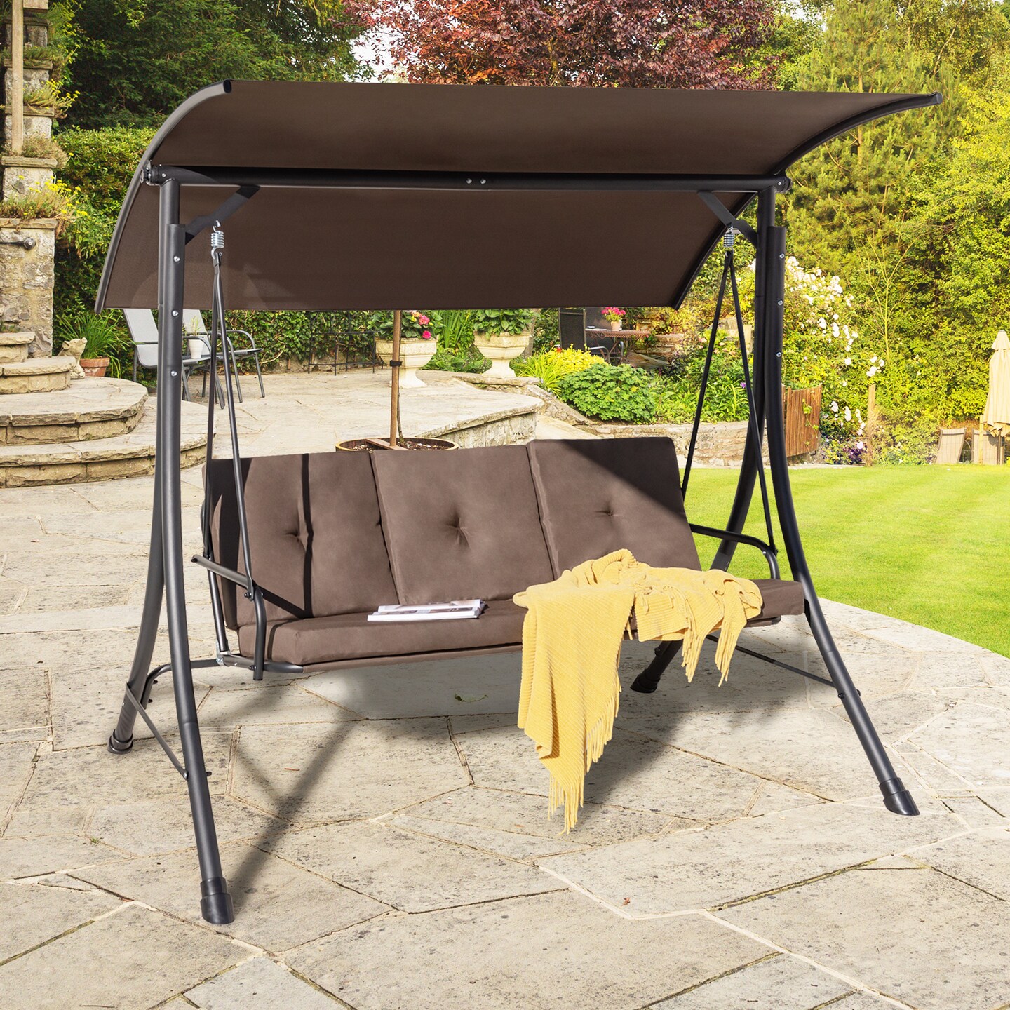 Brown Polyester Steel Porch Swing with Adjustable Canopy and Cushions