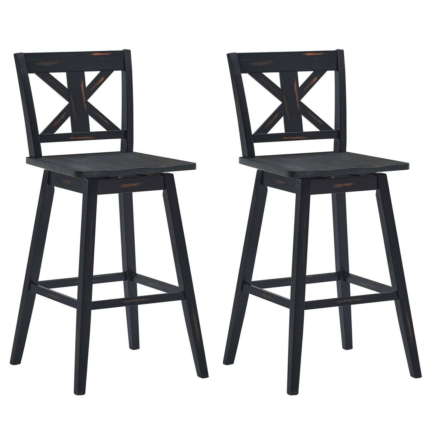 29" Tall Set of 2 Black Rubber wood Bar Stools with 360 Degree Rotating Seats and Ergonomic Back Support