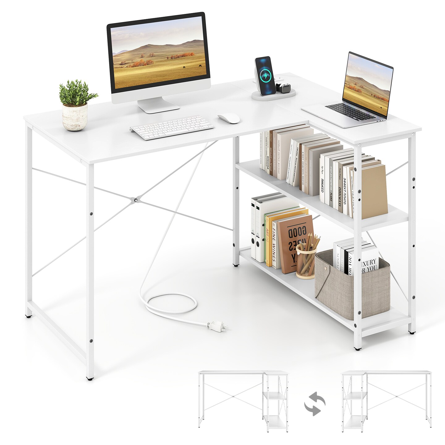 47 Inch L Shaped Computer Desk with Charging Station and Corner Storage Shelves
