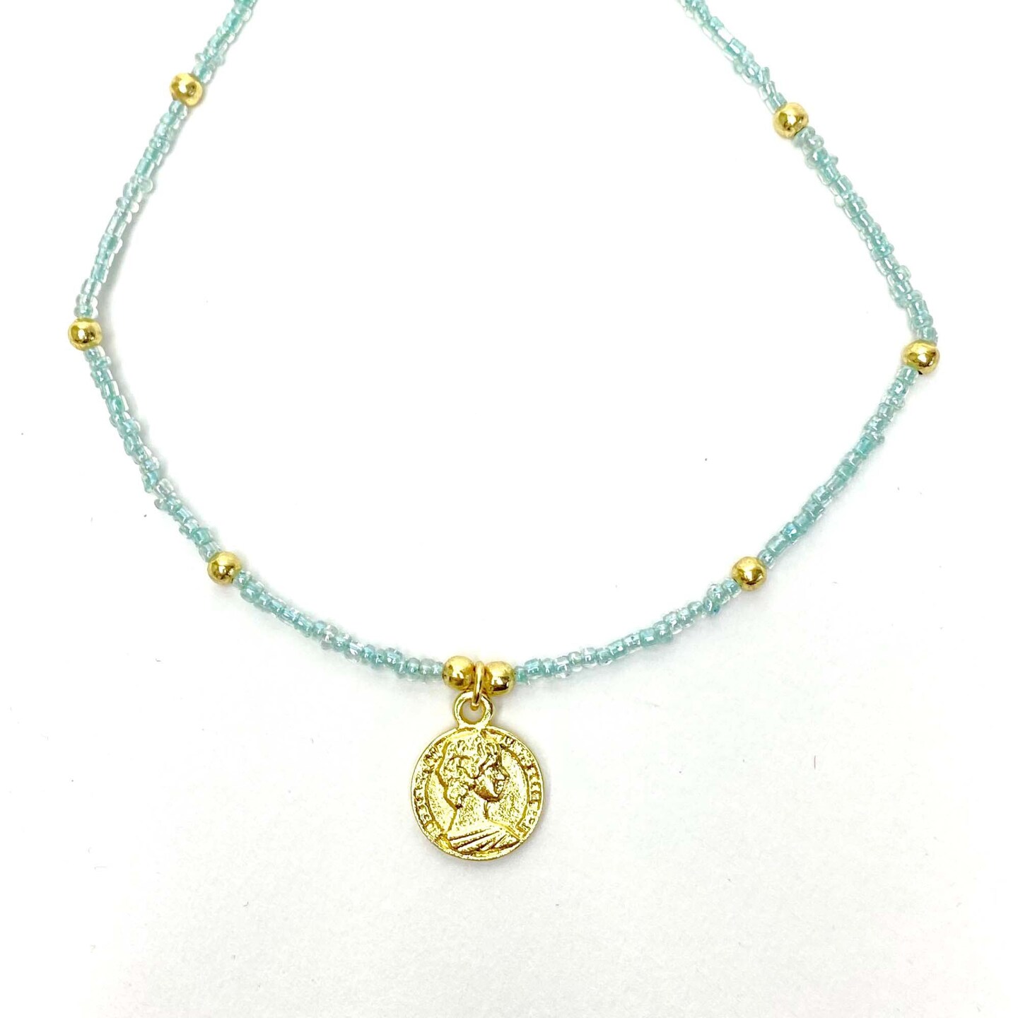 Blue Glass Bead Necklace with Brass Coin Pendant 12 Inch Length plus Extender for Layering