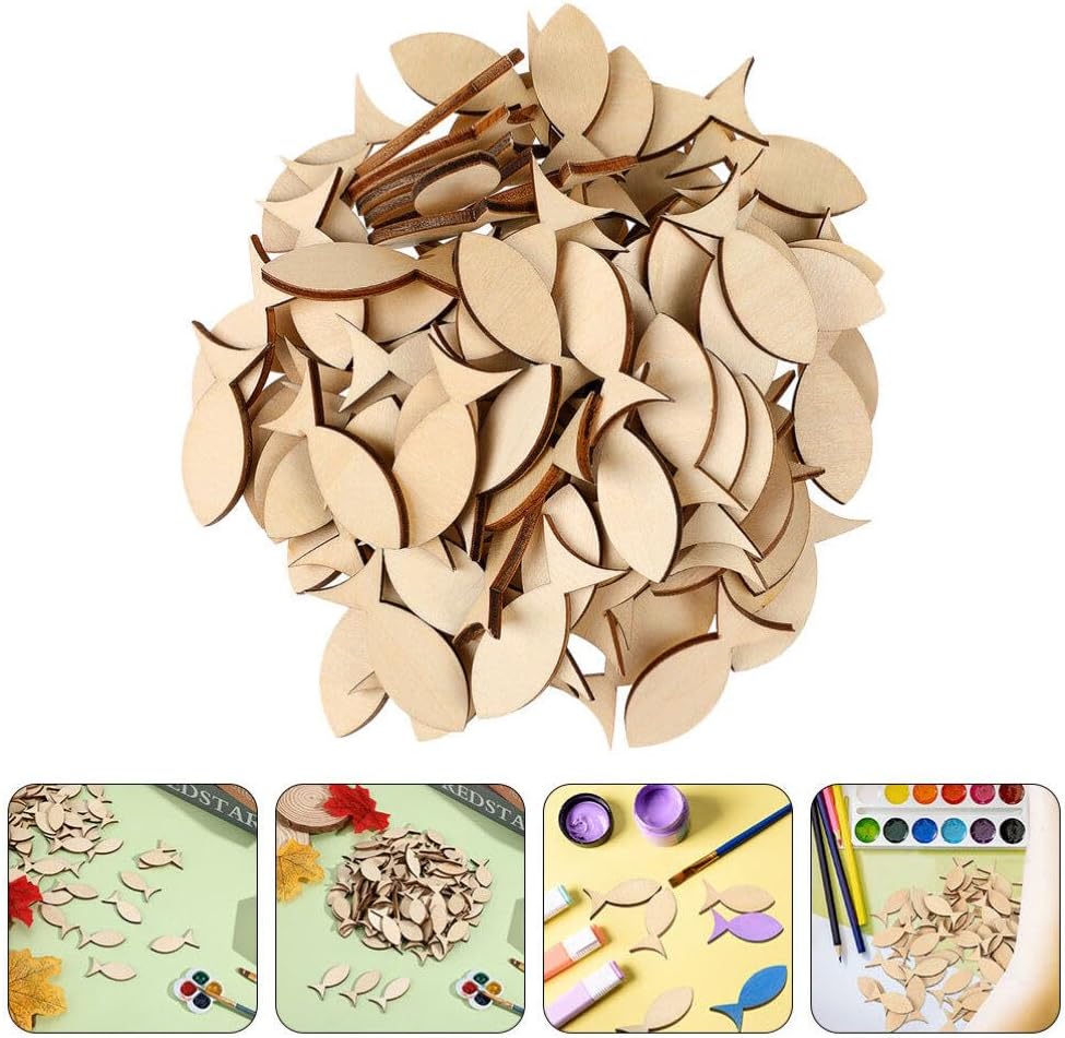 Wooden Crafts Wood Fish Cutout 50pcs Unfinished Wooden Shapes Mini Fish Shaped Slices Pieces DIY Embellishment for Summer Ocean Nautical Decoration Wooden Animals