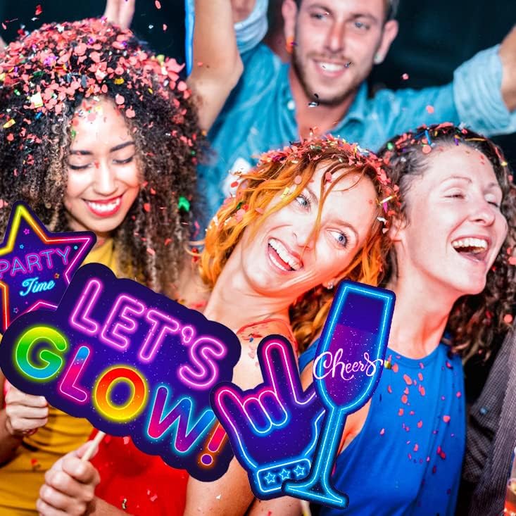 25pcs Glow Neon Photo Booth Props with Stick, Photo Props for Birthday Let's Glow Themed Neon Glow in The Dark Disco Black Light Party Decoration Supplies
