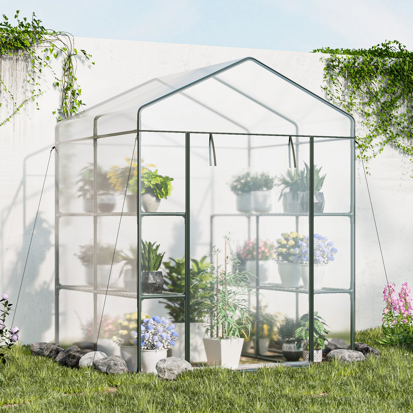 3-Tier Walk-In Greenhouse with Metal Frame Transparent Cover and Wind Ropes for Plant Growing