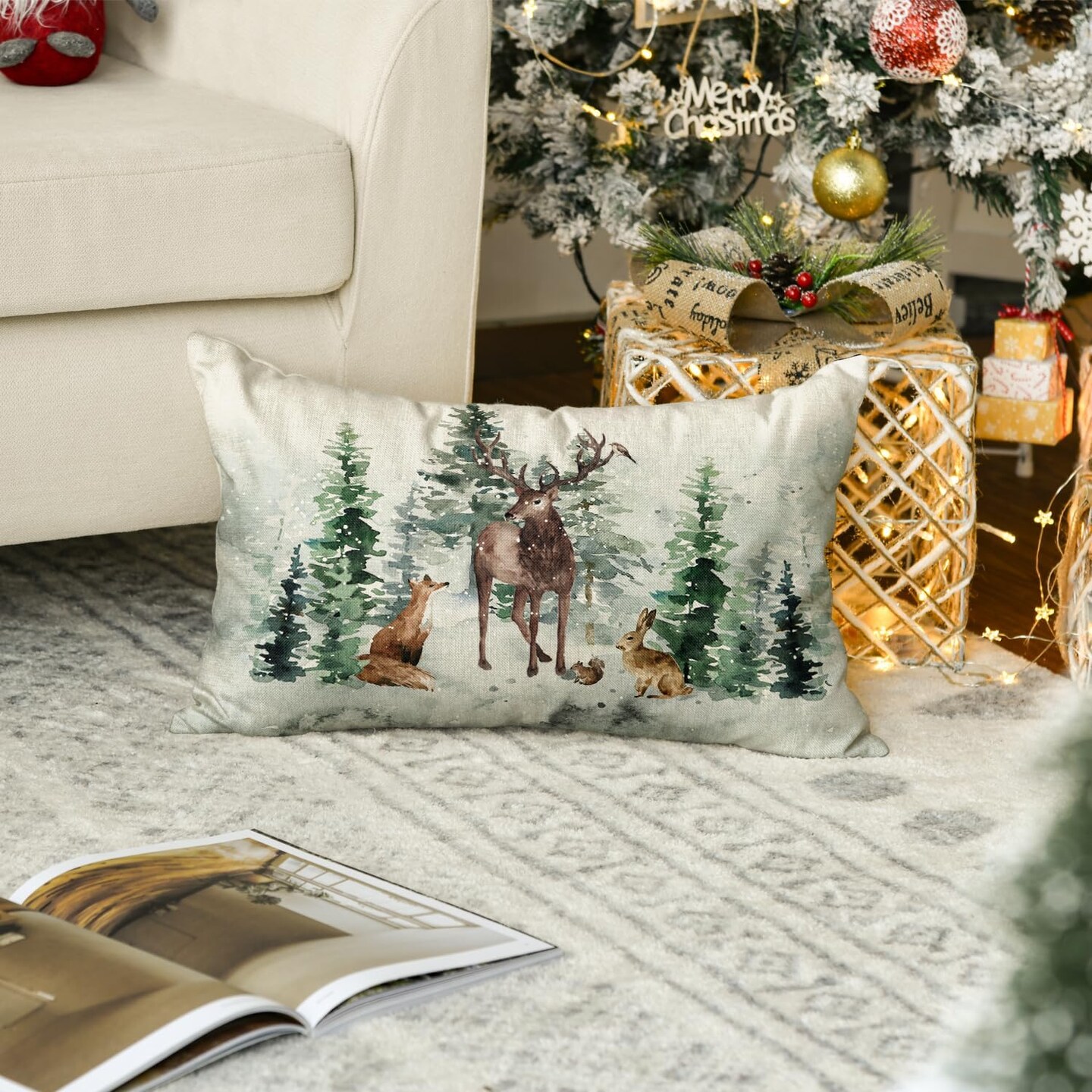 Christmas Trees Reindeer Throw Pillow Cover, 12 x 20 Inch Xmas Winter Holiday Animals Cushion Case Decoration for Sofa Couch
