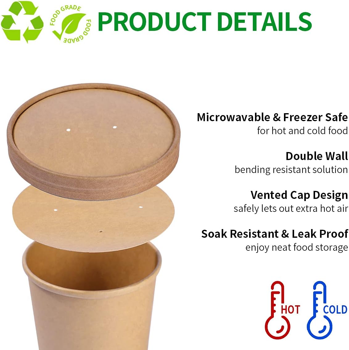 60 Pack 16 oz Paper Food Containers with Lids, Ice Cream Pint Containers, Microwavable Paper Soup Container, Freezer Safe Pint Ice Cream Cups (60 Cups 60 Lids)