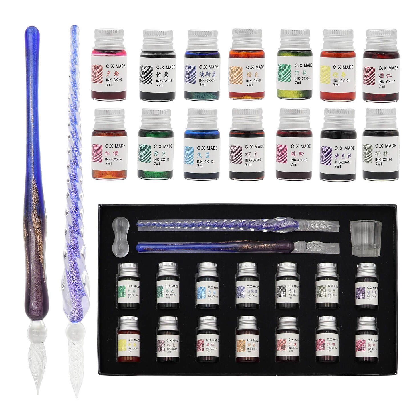 Glass Dip Calligraphy Pen Set, 18-Pieces 14 Color Inks, Pen Holder, Cleaning Cup, 2 Crystal Glass Pens for Art, Writing, Drawing, Signatures, Gift for Kids and Artist