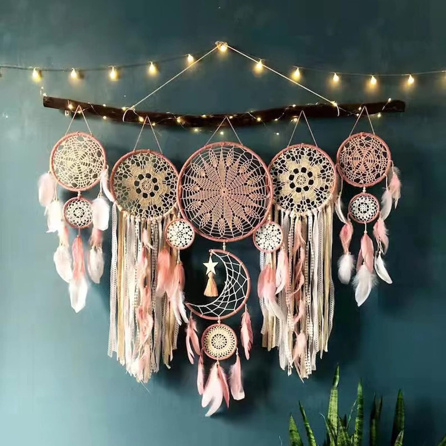 Pink Dreamcatcher Moon Hanging Over The Bed, Handmade Macrame Woven Boho Dream Catcher for Bedroom Room Decor
