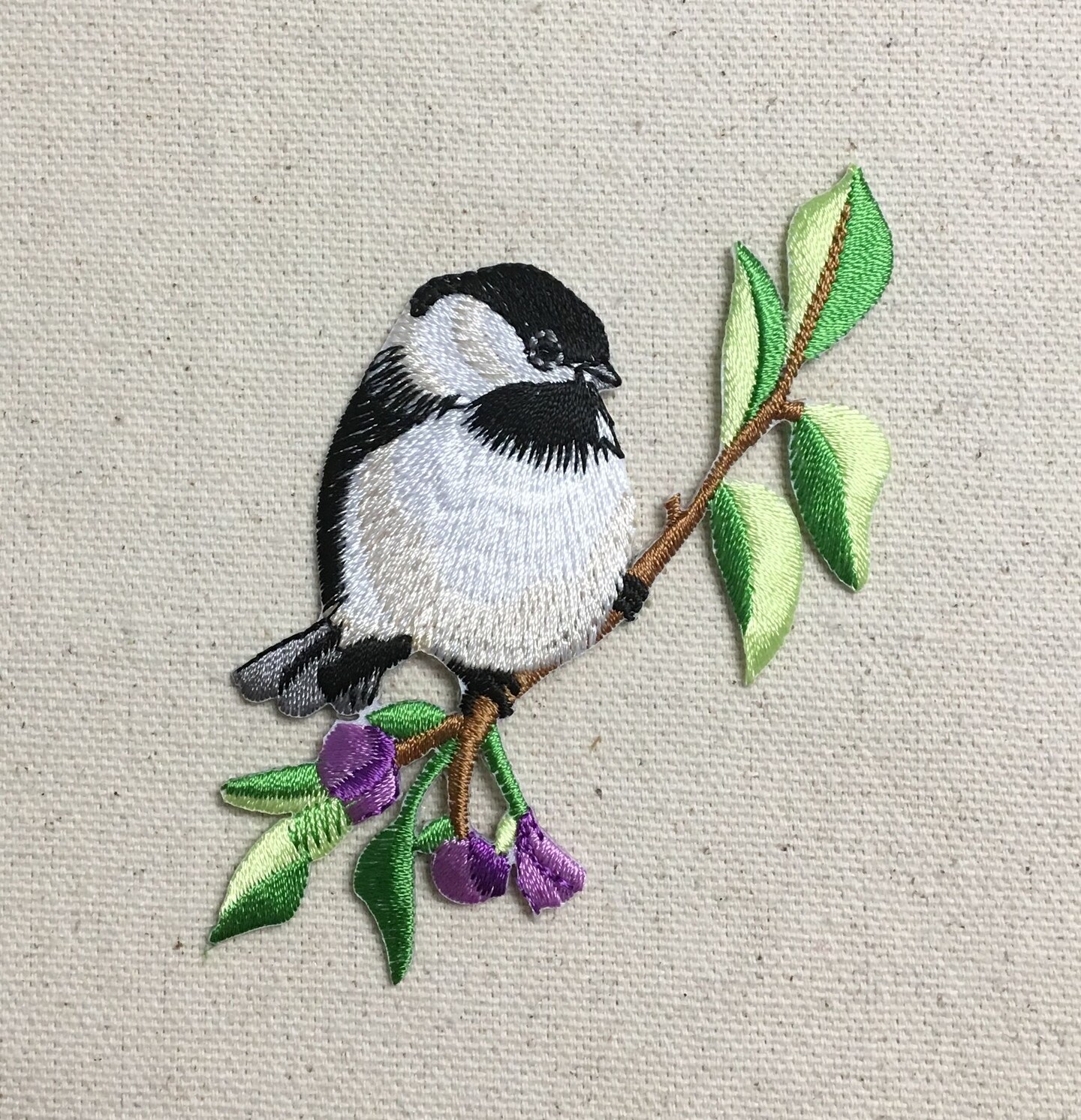 Chickadee on Tree Branch with Purple Flowers, Birds, Embroidered, Iron on Patch