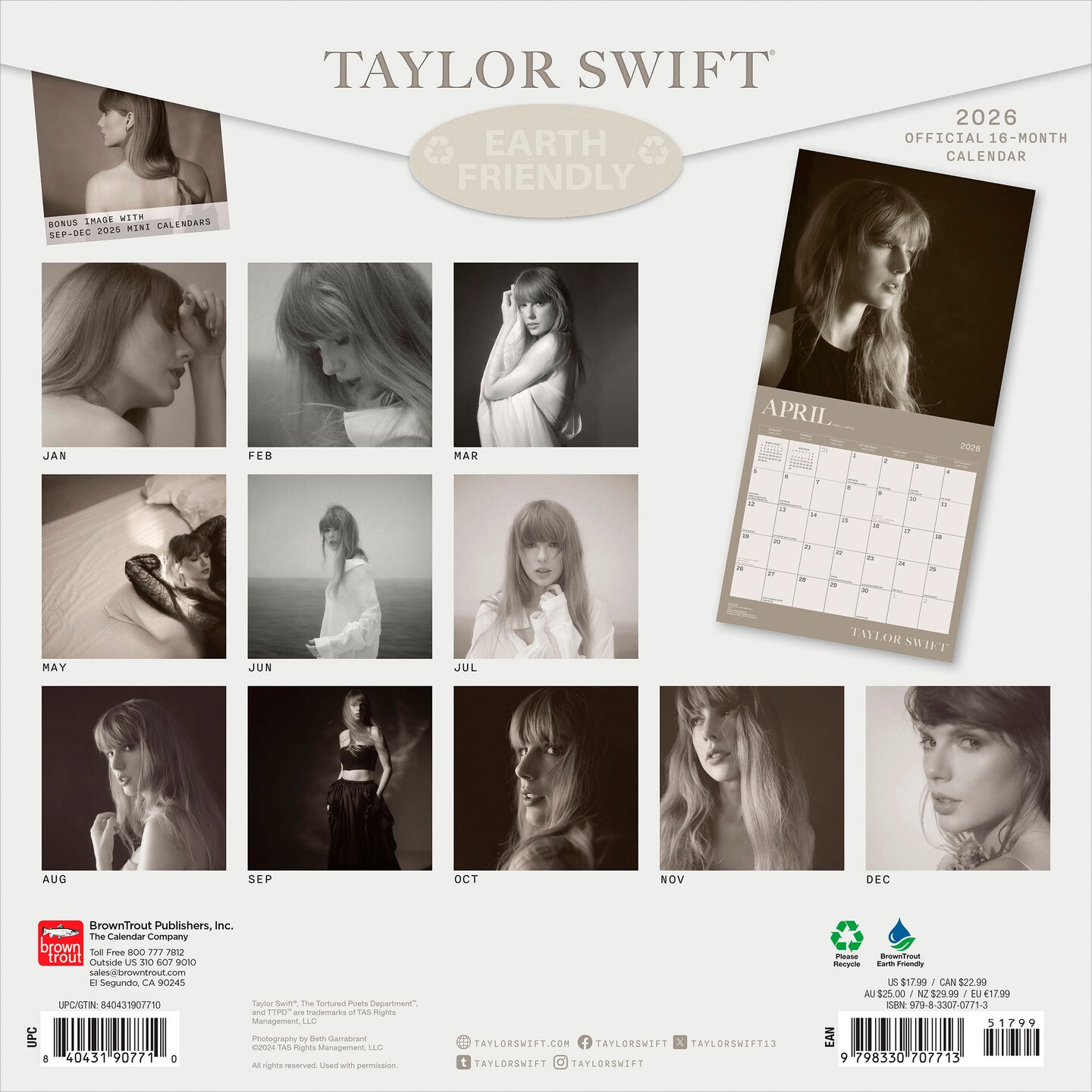 Taylor Swift OFFICIAL | 2026 12 x 24 Inch (Hanging) Monthly Square Wall Calendar | Plastic-Free | BrownTrout | Music Pop Singer Songwriter Celebrity