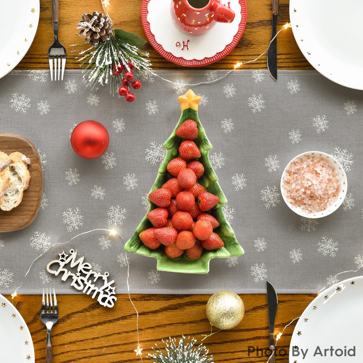 Pine Tree Snowflake Merry Christmas Table Runner, Seasonal Winter Xmas Holiday Kitchen Dining Table Decoration for Indoor Outdoor Home Party Decor 13 x 72 Inch