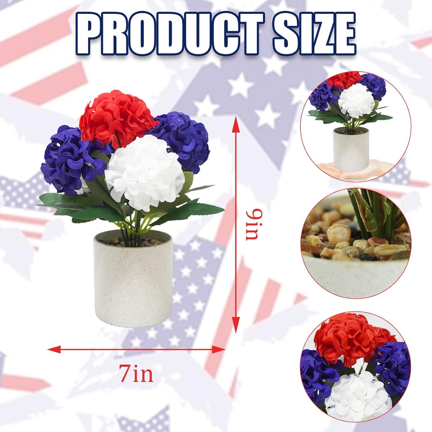 4th of July Decorations Small Fake Plants Patriotic Artificial Mums Mini Potted Plants Desk Plants for Office Table Home Shelf Kitchen Memorial Day Holiday Decor, Set of 2