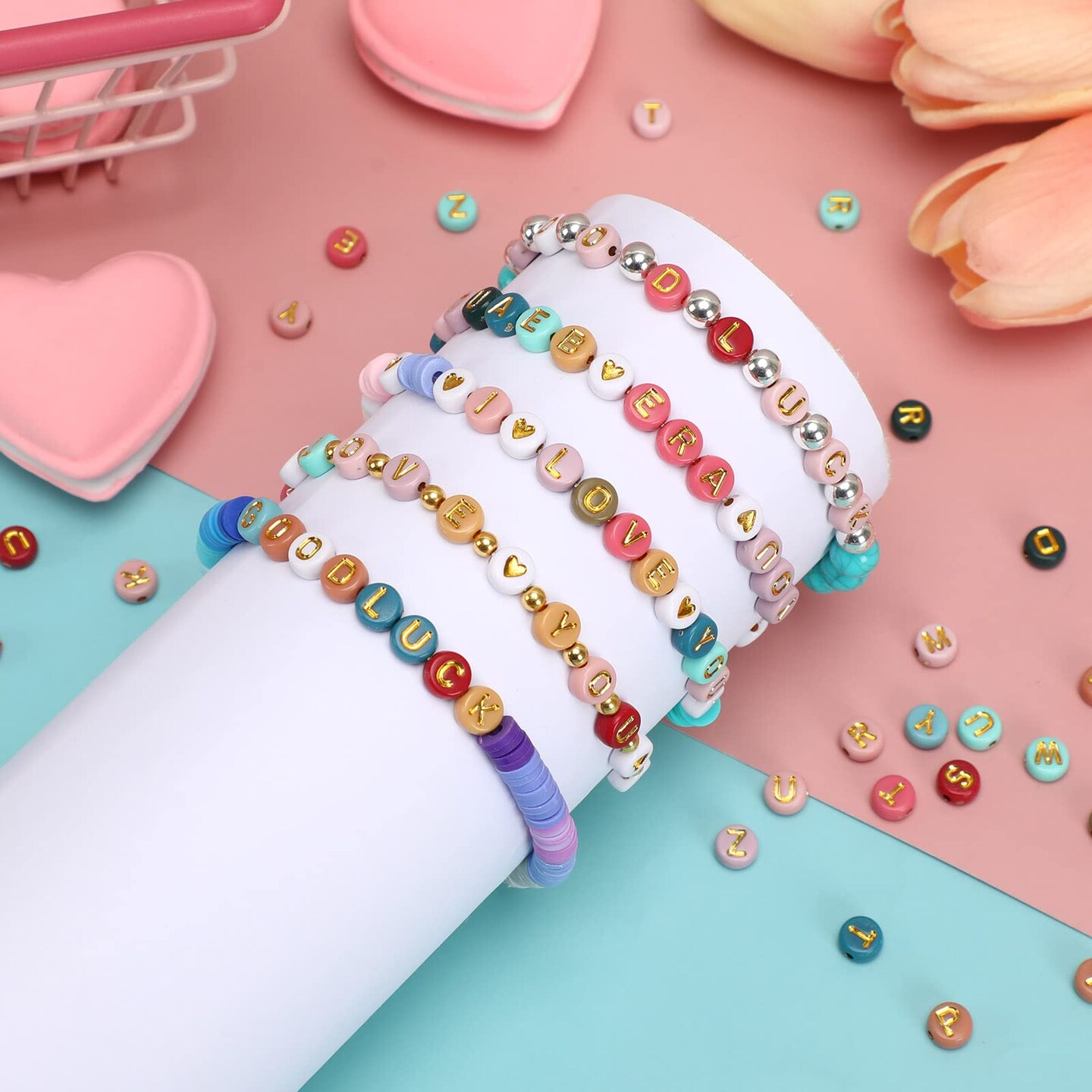 Colored Letter Beads, DECYOOL 1900Pcs 4&#xD7;7mm Colorful Gold Acrylic Alphabet Beads with 1 Roll Elastic String for Bracelet Necklace Jewelry Making Supplies