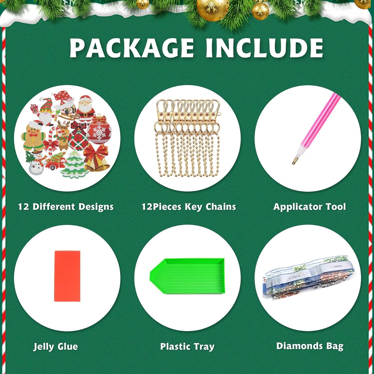 12 Pcs Christmas Diamond Painting Kits Christmas Balls Diamond Painting Keychain Hanging Diamond Painting Keychains Ornaments for Crafts Family Decor