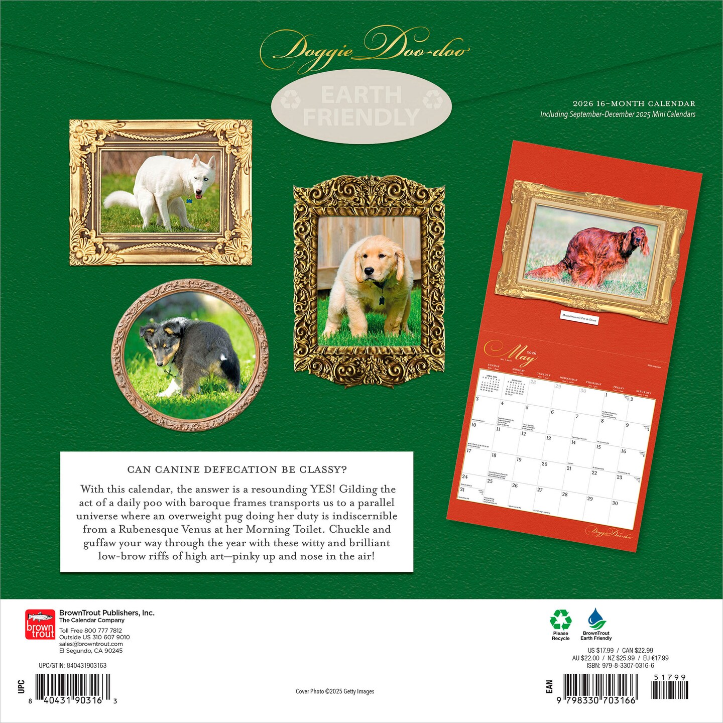 Doggie Doo Doo | 2026 12 x 24 Inch (Hanging) Monthly Square Wall Calendar | Plastic-Free | BrownTrout | Animals Dog Breeds Pets