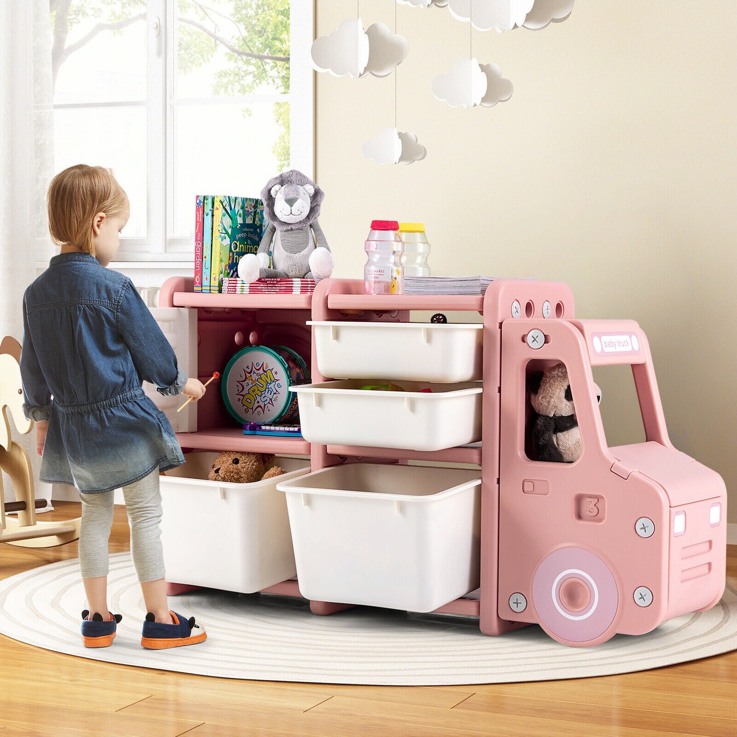 Kids Truck Storage Organizer with Plastic Bins and Toy Cabinet