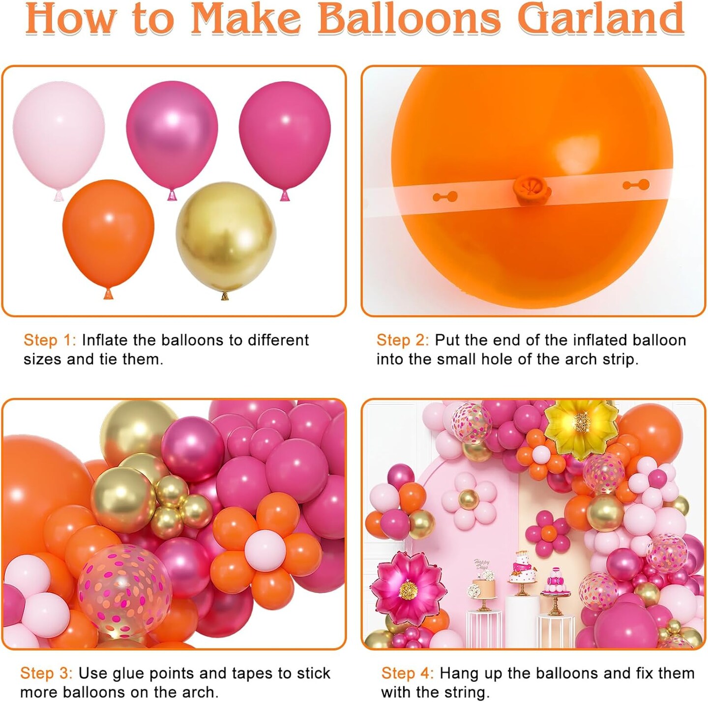 183Pcs Pink and Orange Balloons Garland Arch Kit with Hot Pink Gold Foil Flowers Balloons for Pink and Orange Party Decoration Summer Tropical Birthday Baby Shower Wedding