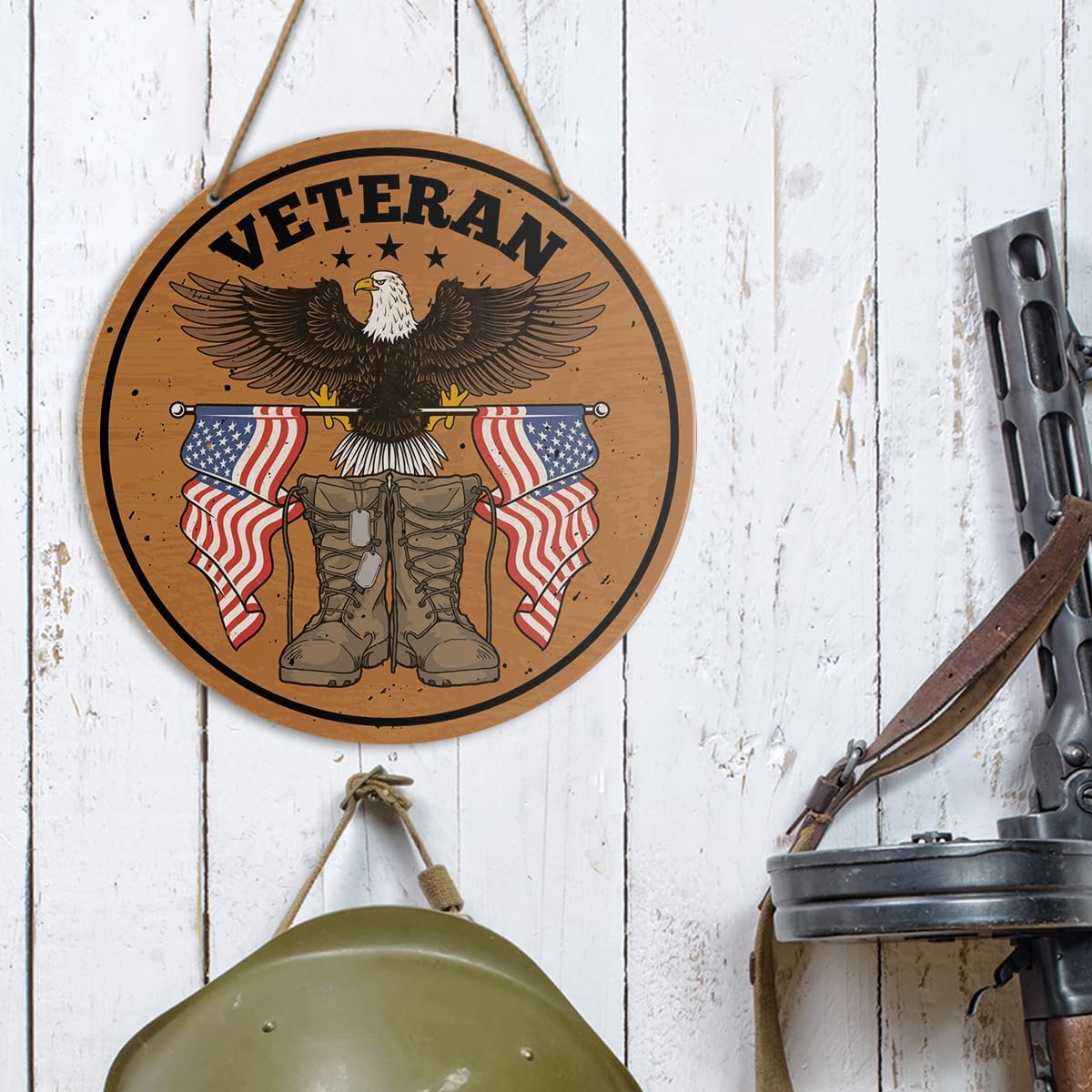 Veterans Day Wall Decor, American Patriotic Round Wooden Hanging Sign Decorations for Man Cave Bar, July 4th Independence Day Memorial Day Wall Decor, Gifts for Veteran Army Dad