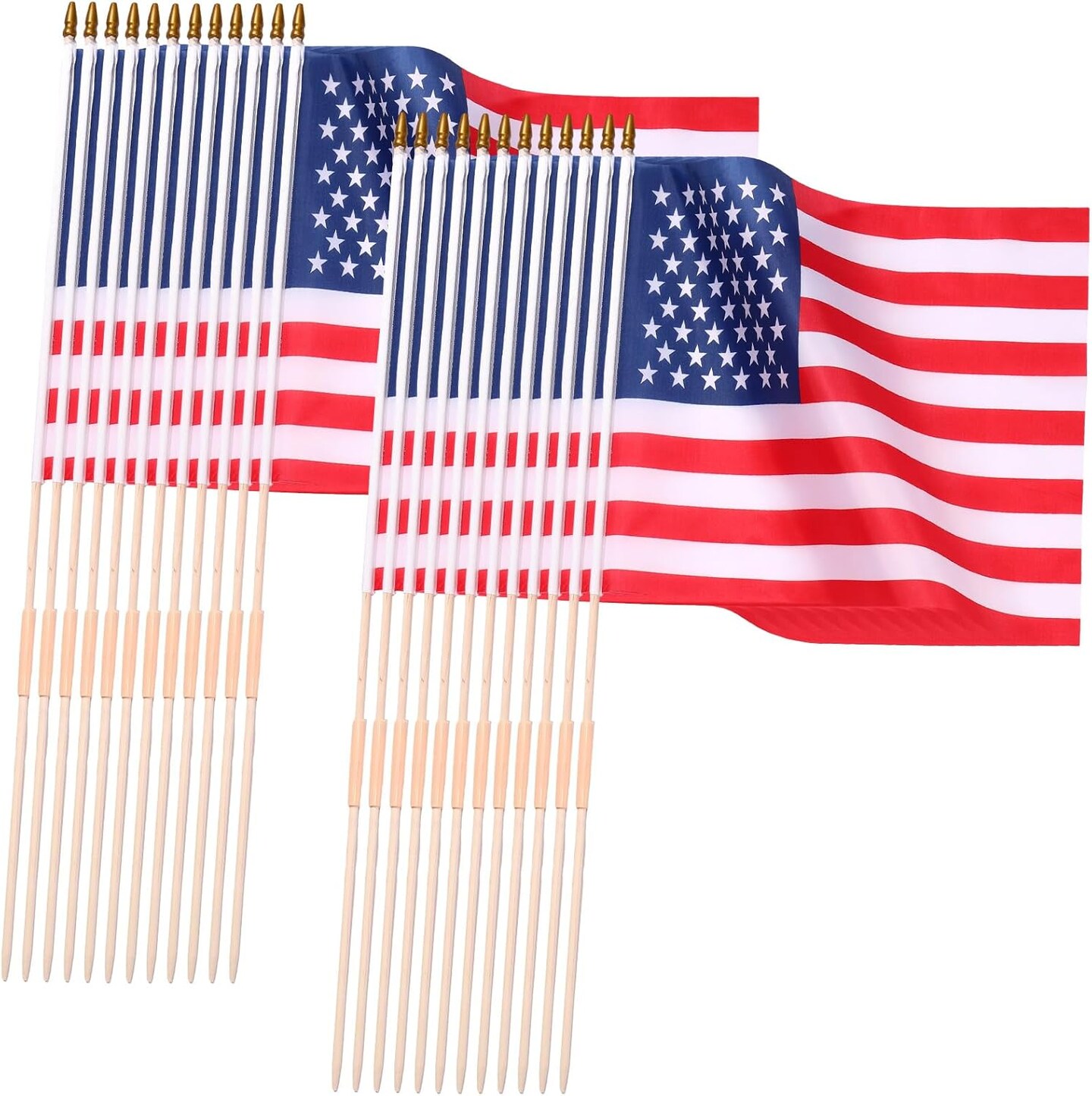 24 Pack 18 x 12 Inch American Flags on Stick, Handheld USA Flags with Spear Top, Ground Wood Flagpole Pluggable Hand Held Stick Flags for Memorial Day Parades Veteran Party Decorations