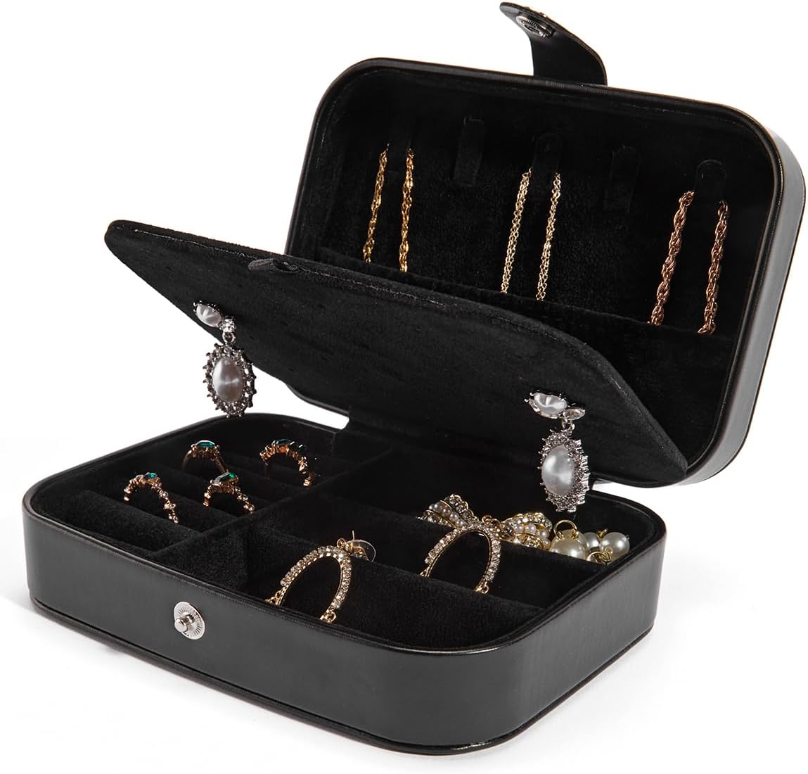 PU Leather Travel Jewelry Box – 2-Layer Portable Organizer for Rings, Earrings, Necklaces & Bracelets, Compact Storage Case for Women & Girls (Leather-Black2)