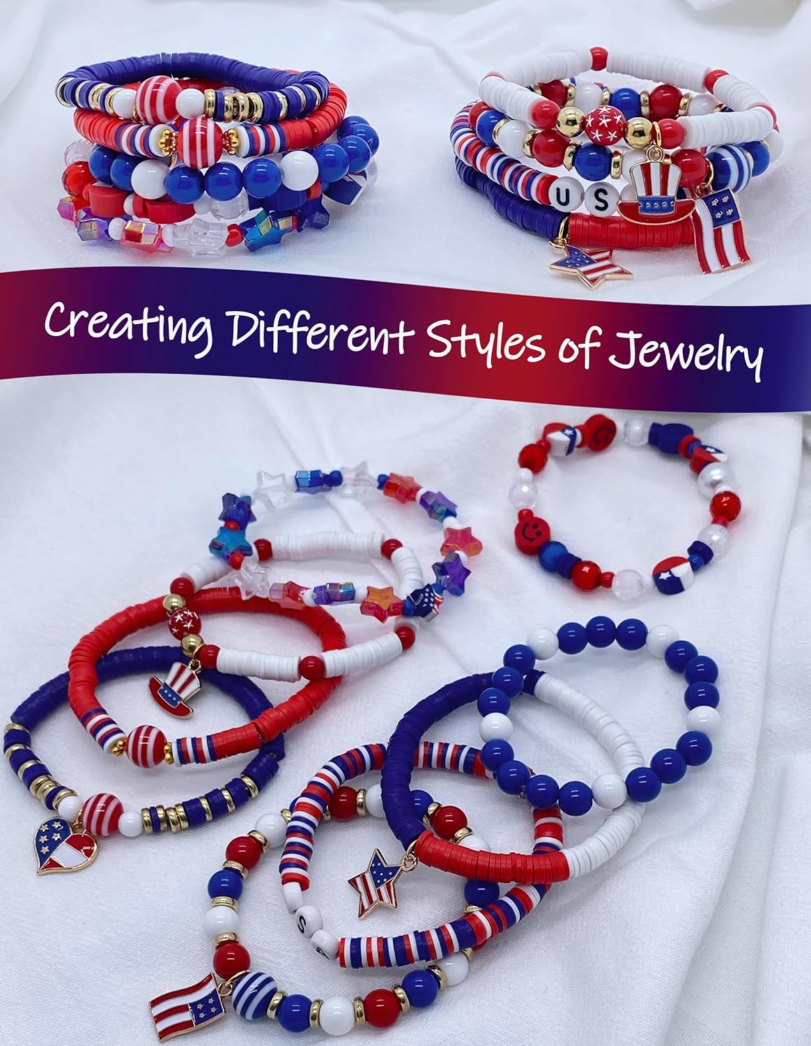 Red White Blue Beads Bracelet Making Kit, 3000+ 4th of July Clay Beads Heishi Round Acrylic Gold Spacer Letter Beads for Jewelry Making, Friendship Bracelet Bead Ki with Charms for DIY Crafts