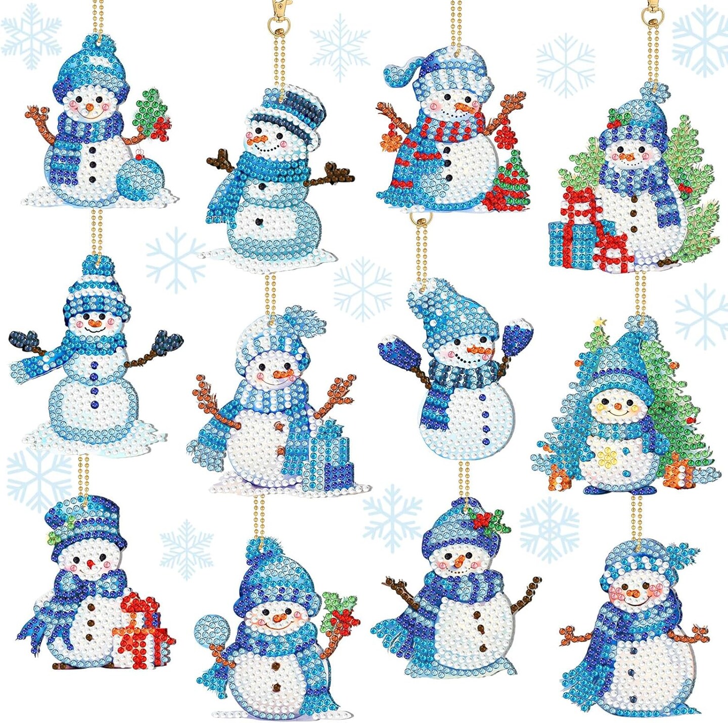 12 Pcs Diamond Art Christmas Ornaments Snowman Diamond Painting Kit 5d DIY Art Keychains Winter Hanging Ornaments for Kids Winter Home Crafts Decorations(Blue)