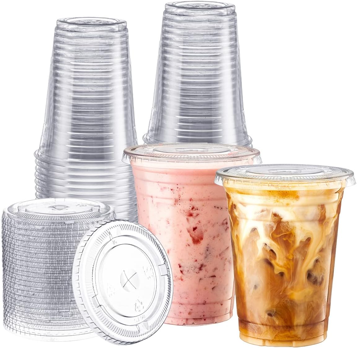100 Sets 16 oz. Plastic Cups With Lids, Smoothie Cups, Milkshake Cups