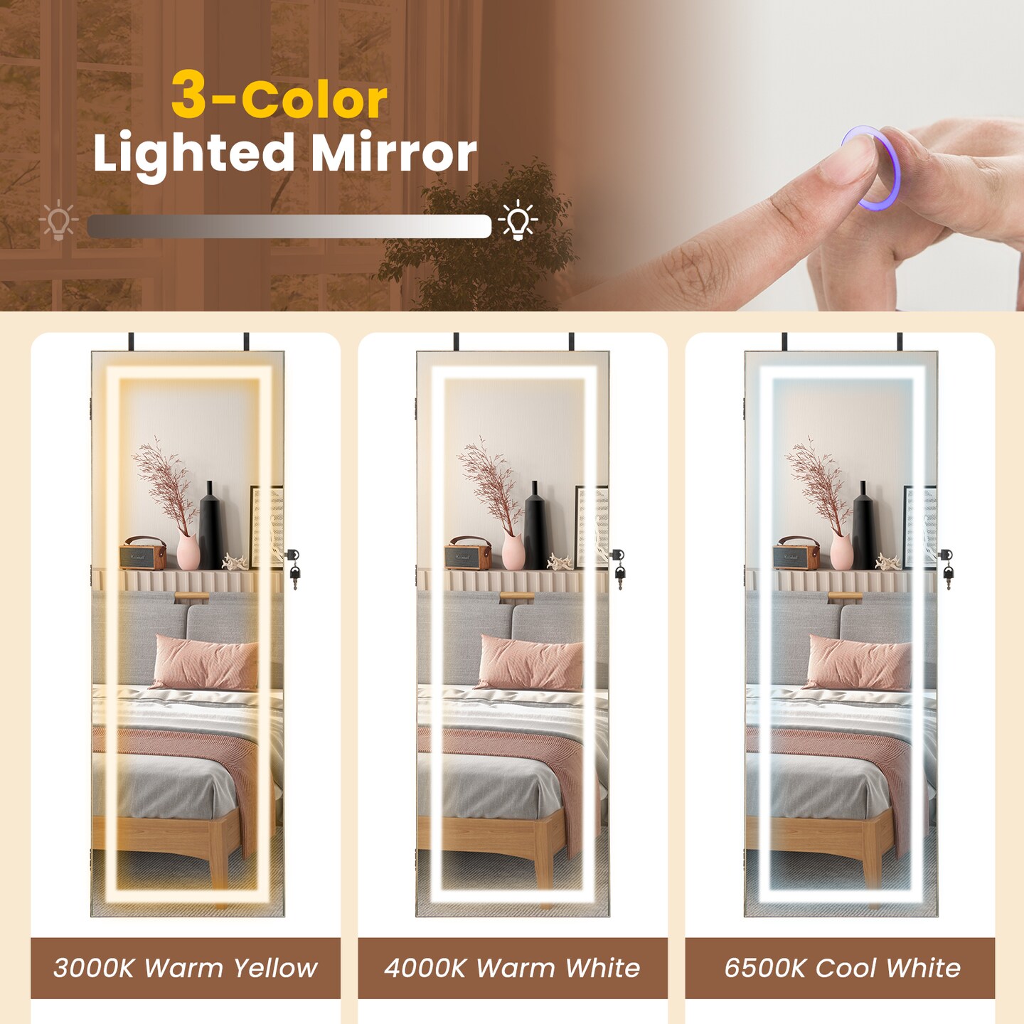Lockable Jewelry Mirror Cabinet with LED Lights and Wall Door Mount