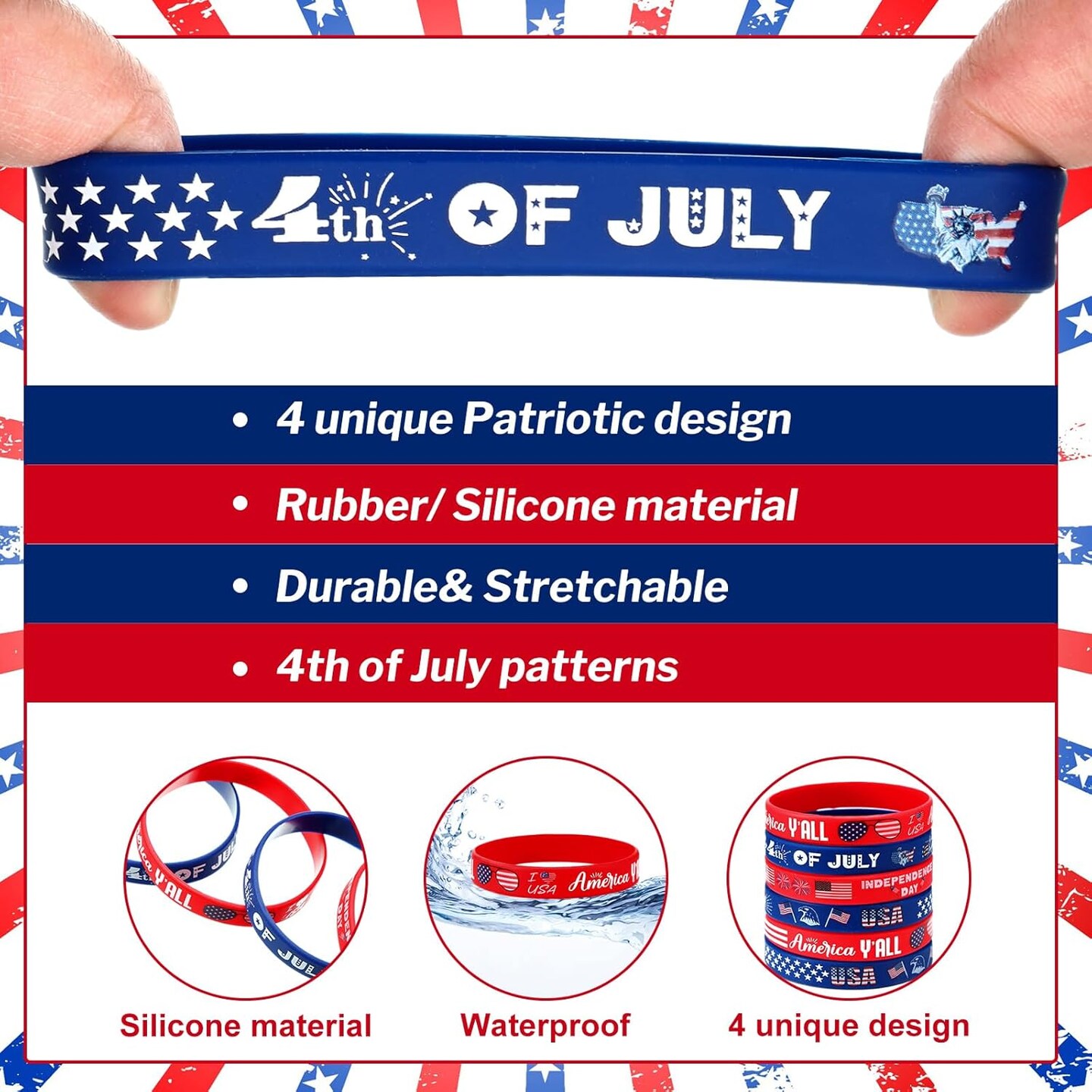 96 Pcs USA Silicone Bracelets American Flag Patriotic Wristband Red White and Blue Bracelets 4th of July Independence Day Rubber Wristbands Party Favors Gifts Supplies for Memorial Day
