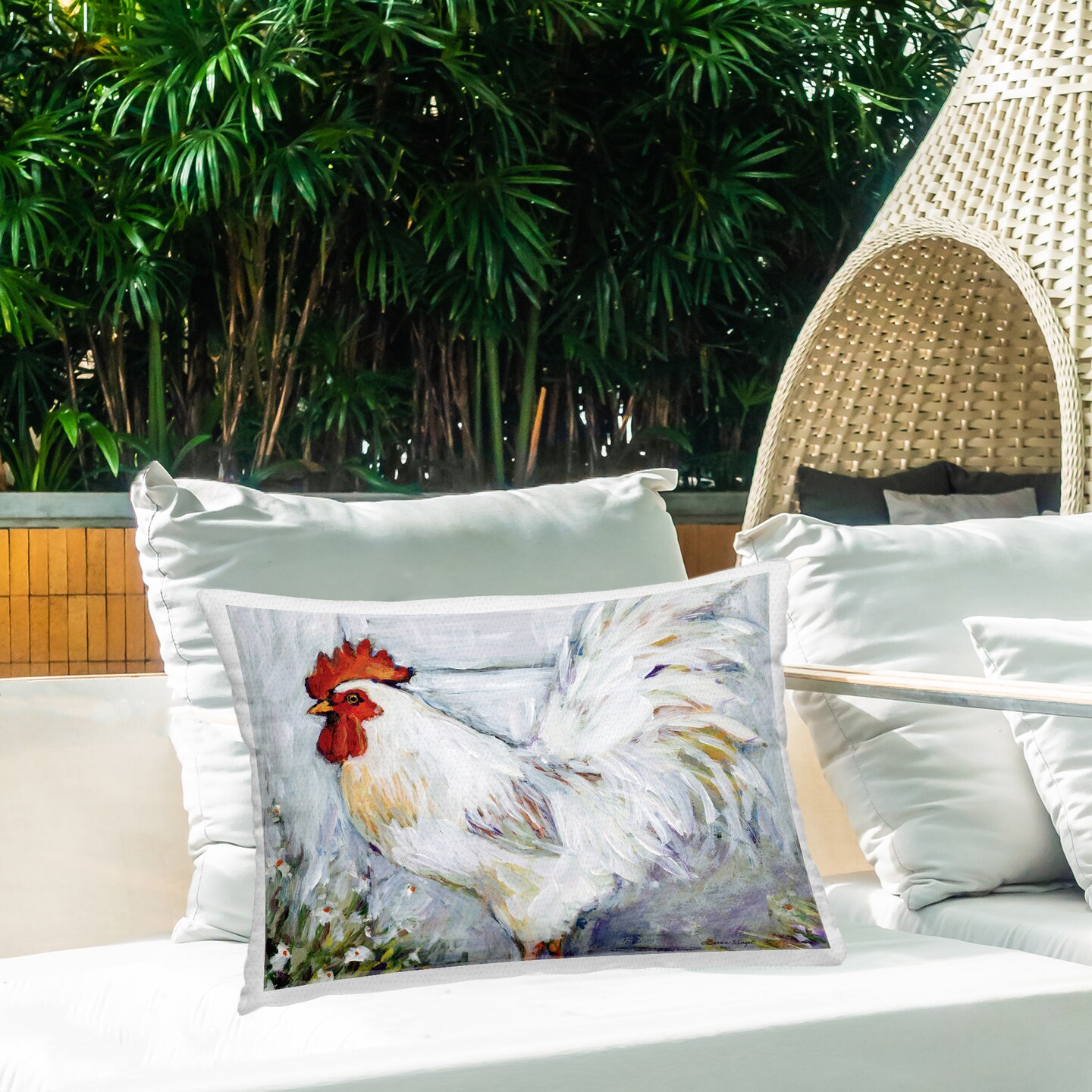 Stupell Industries White Rooster in Flower Garden Outdoor Printed Pillow, design by Susan Winget, 14 x 7 x 20
