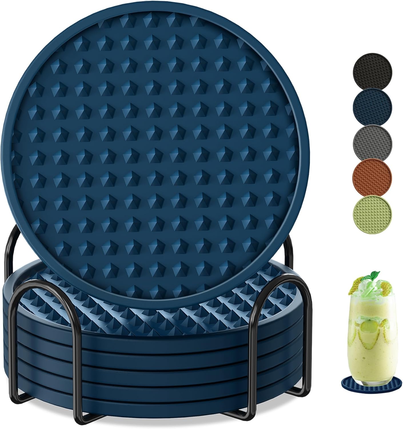 Coasters for Drinks 6 Pack Drink Coasters with Holder,Heat Resistant Silicone Cup Mat Tabletop Protection,Non-Slip Rubber Coaster for Kinds of Cups (Blue)