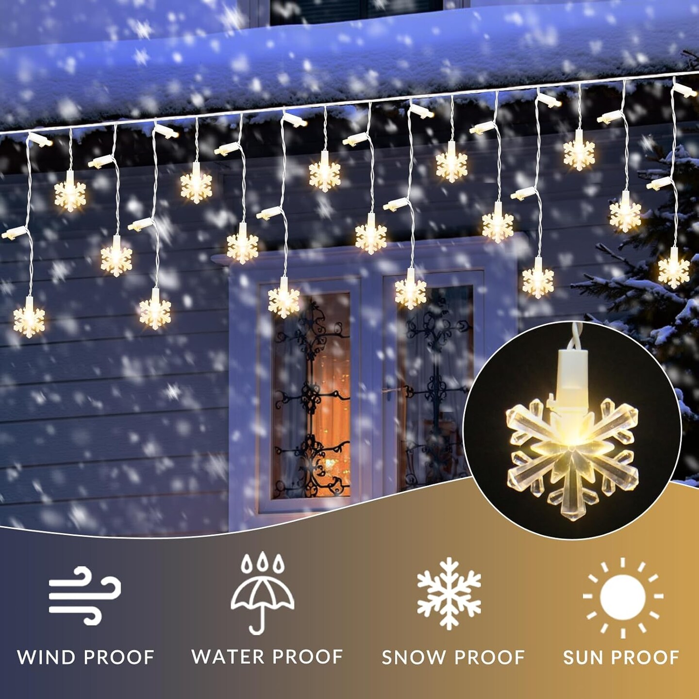 Icicle Christmas Lights 180L Led with Snowflake Fairy Curtain String Lights Outdoor