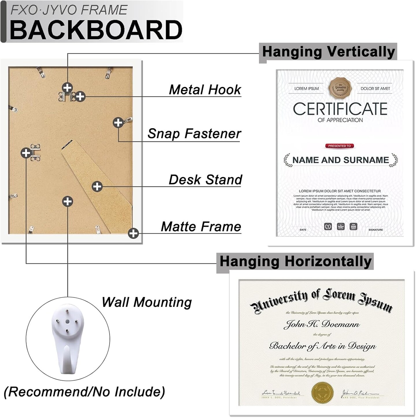 White 8.5 x 11 Frame Display 8.5 by 11 Document Certificate Wall and Tabletop - 1 Pack
